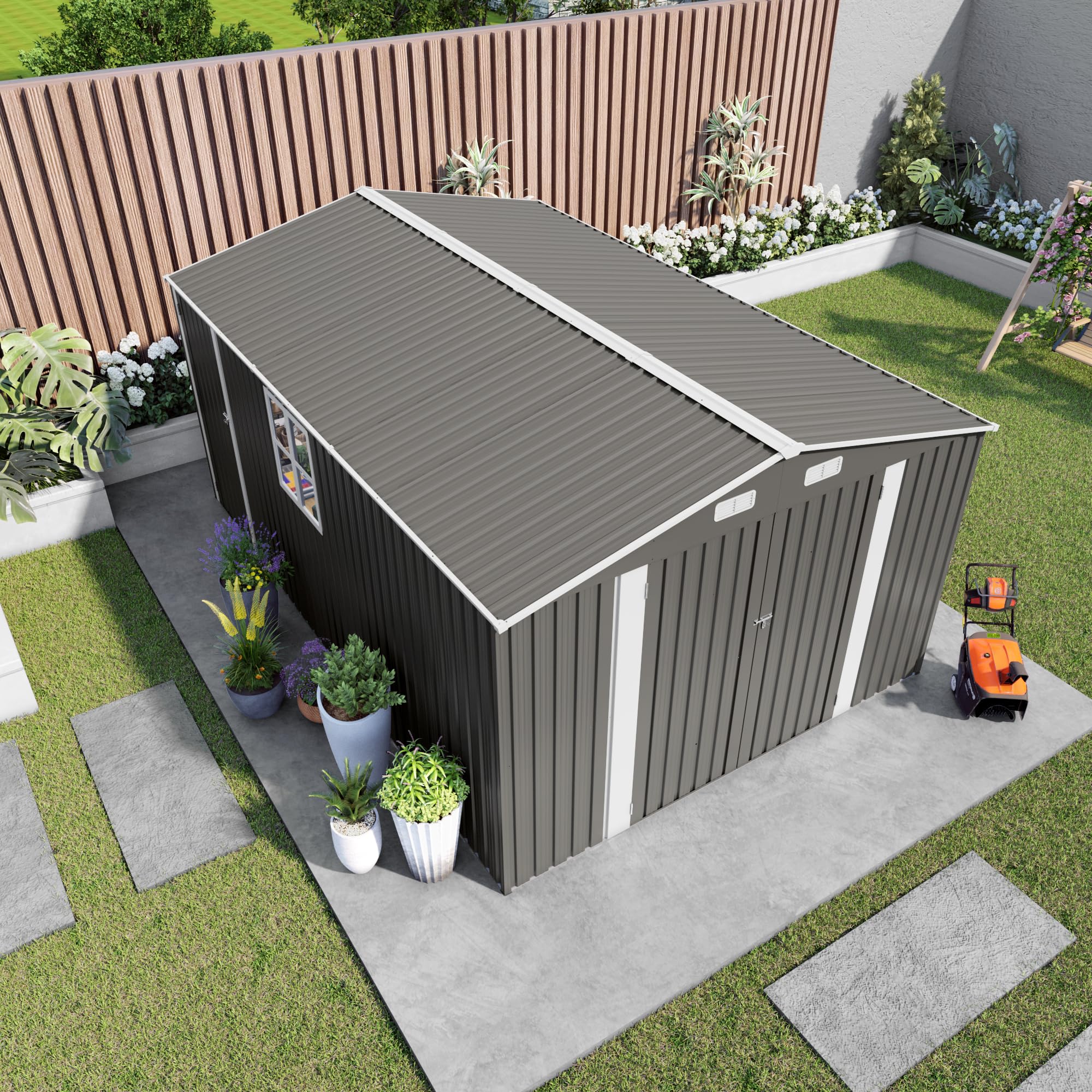 A gray 10x14 FT galvanized steel outdoor storage shed with double front doors and a side window, situated in a backyard.