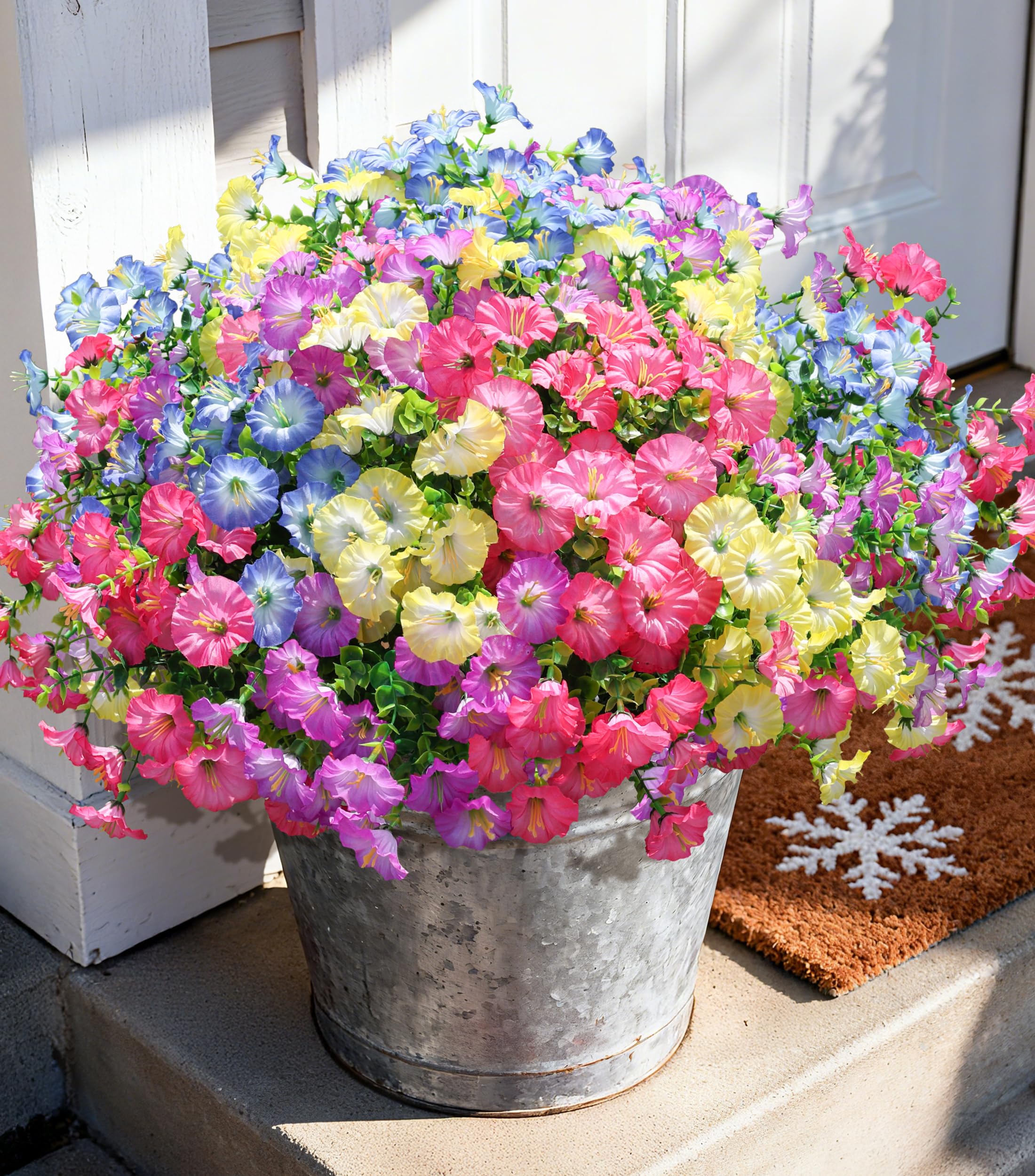 Artificial Flowers Fake Plants for Outdoors Decoration, 12 Bundles Silk Morning Glory with Eucalyptus Realistic UV Resistant Faux Flowers for Outside Planter Porch Yard Patio Garden Home Indoor, Mix