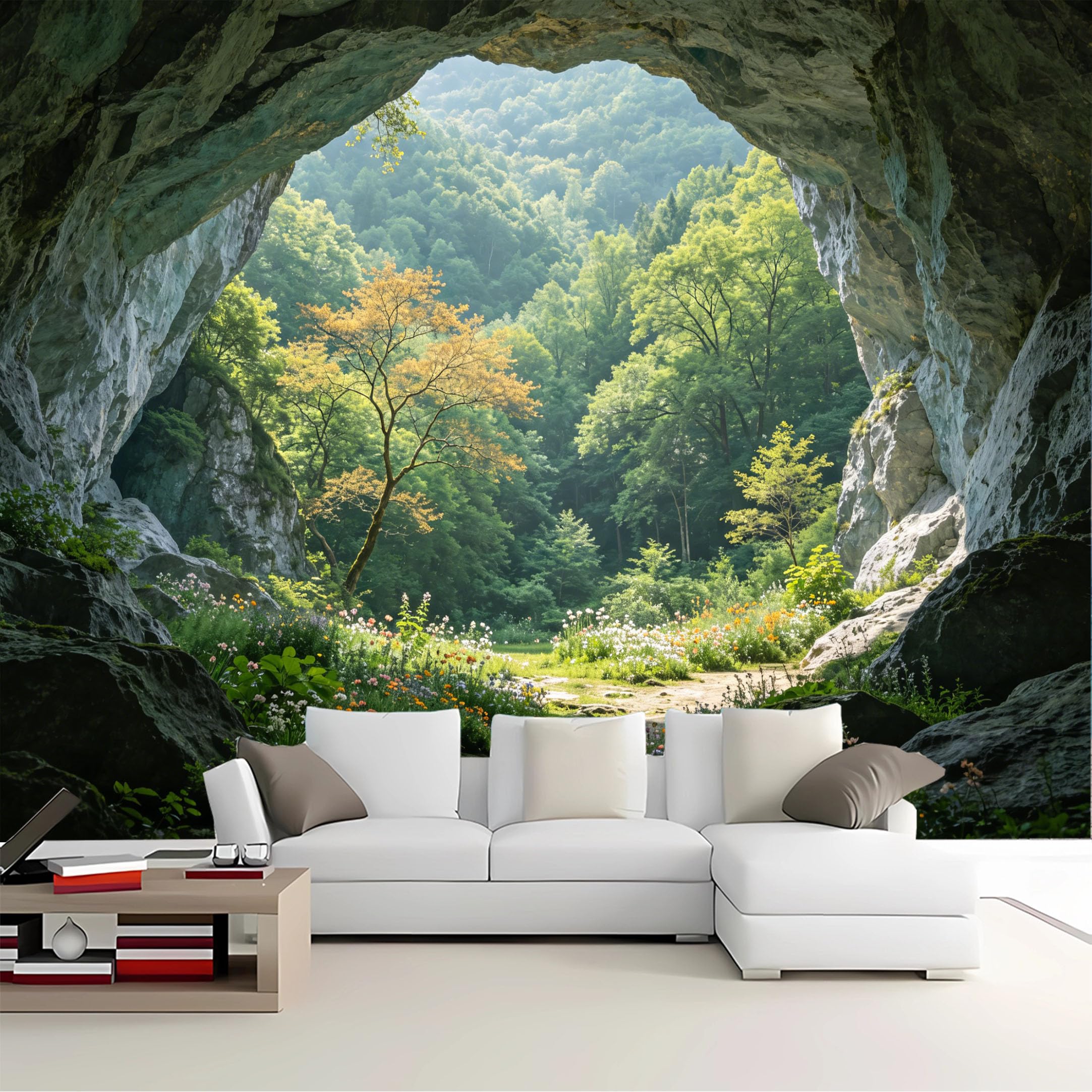 Custom Size Wall Mural Cave View Meadow Forest Removable Self Adhesive Peel and Stick Wallpaper for Bedroom Living Room Dining Room