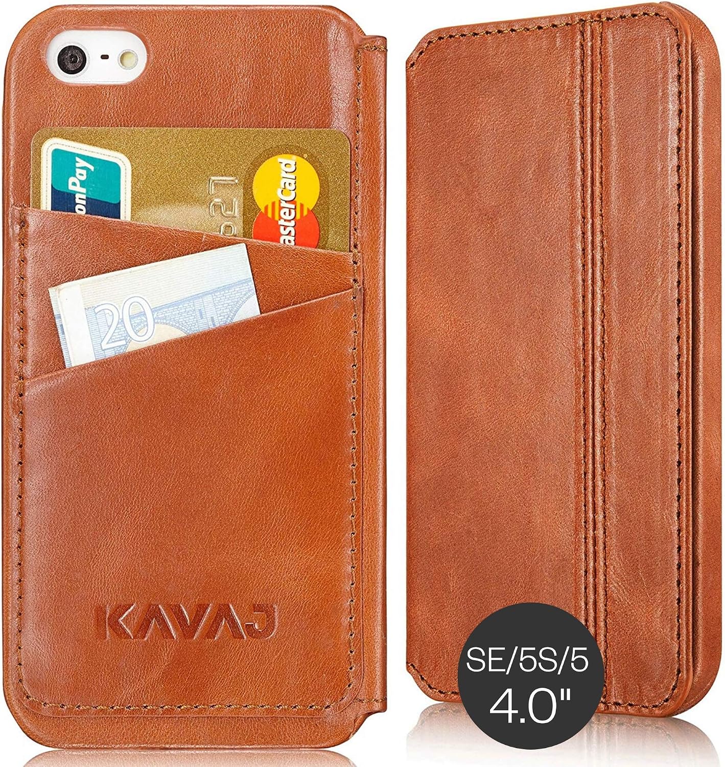 KAVAJ iPhone SE/5S/5 Case Leather Dallas Cognac Brown - Genuine Leather Cover with Business Card Holder. Slim Fit Flip Case As Premium Accessory for The Original Apple iPhone Doubles As A Wallet.
