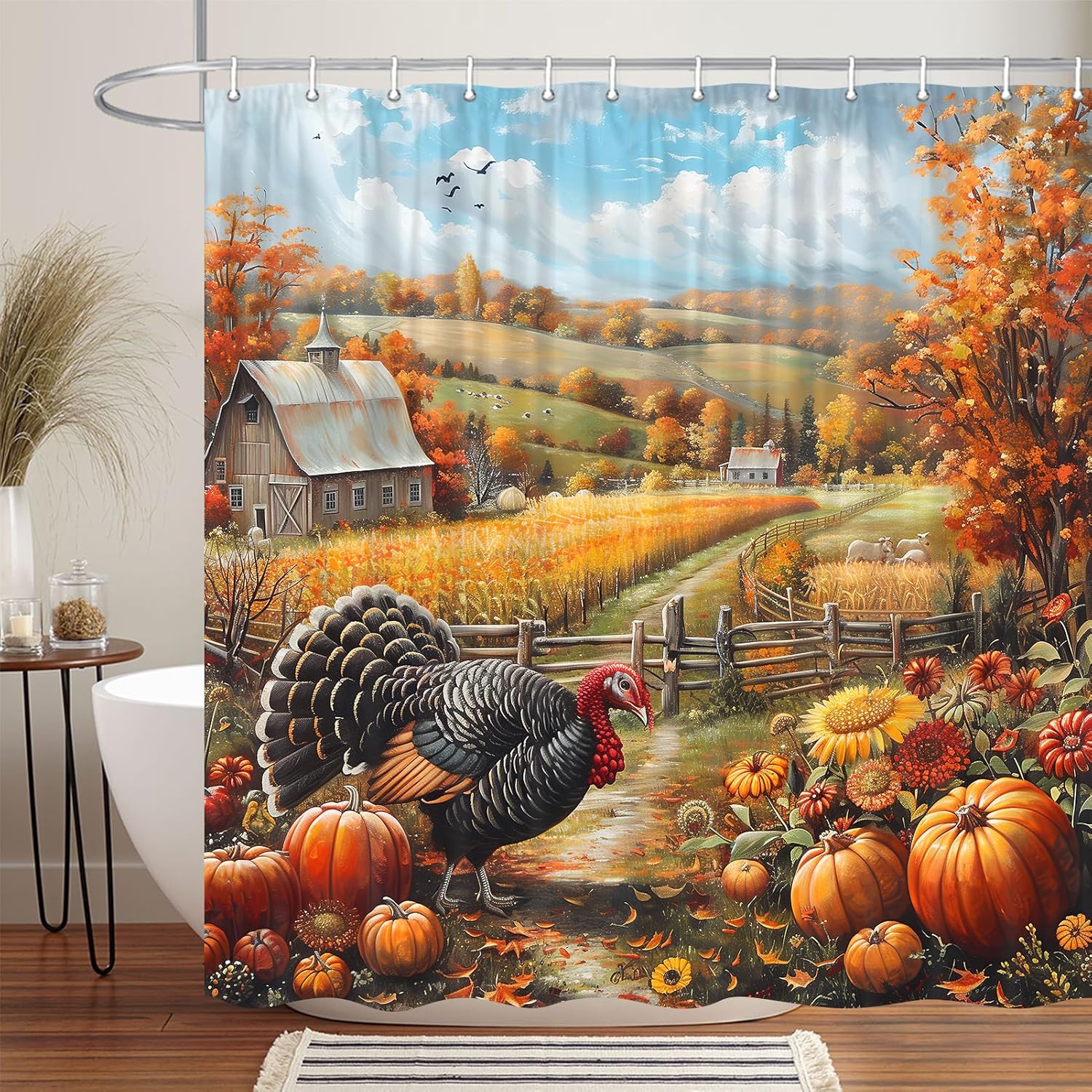 Fall Thanksgiving Day Shower Curtain, Autumn Pumpkin Farmhouse Turkey Shower Curtain Bathroom, Fall Country Fields Harvest Art Shower Curtain Set with 12PCS Hooks, 70X75IN