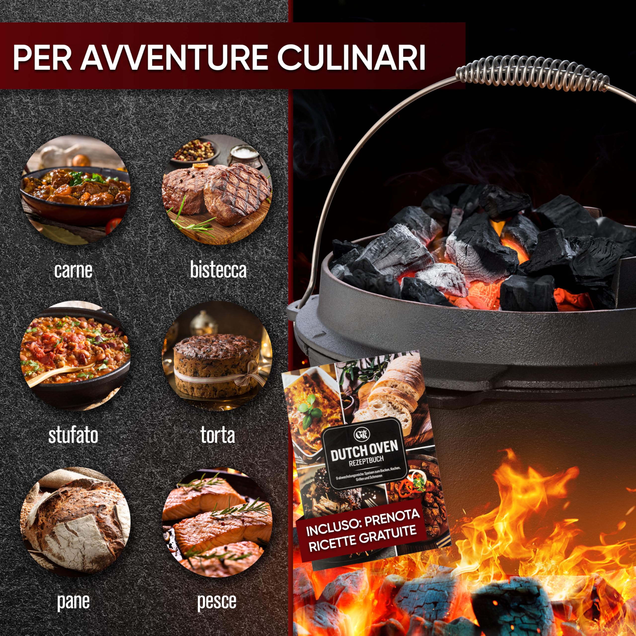 GUSSKÖNIG Set di pentole in ghisa con coperchio- 7 Litri-senza piedini -Teglia per il pane in ghisa-Incluso sollevatore del coperchio 2in1,spazzola e ricettario per il forno olandese [per3-5 persone]
