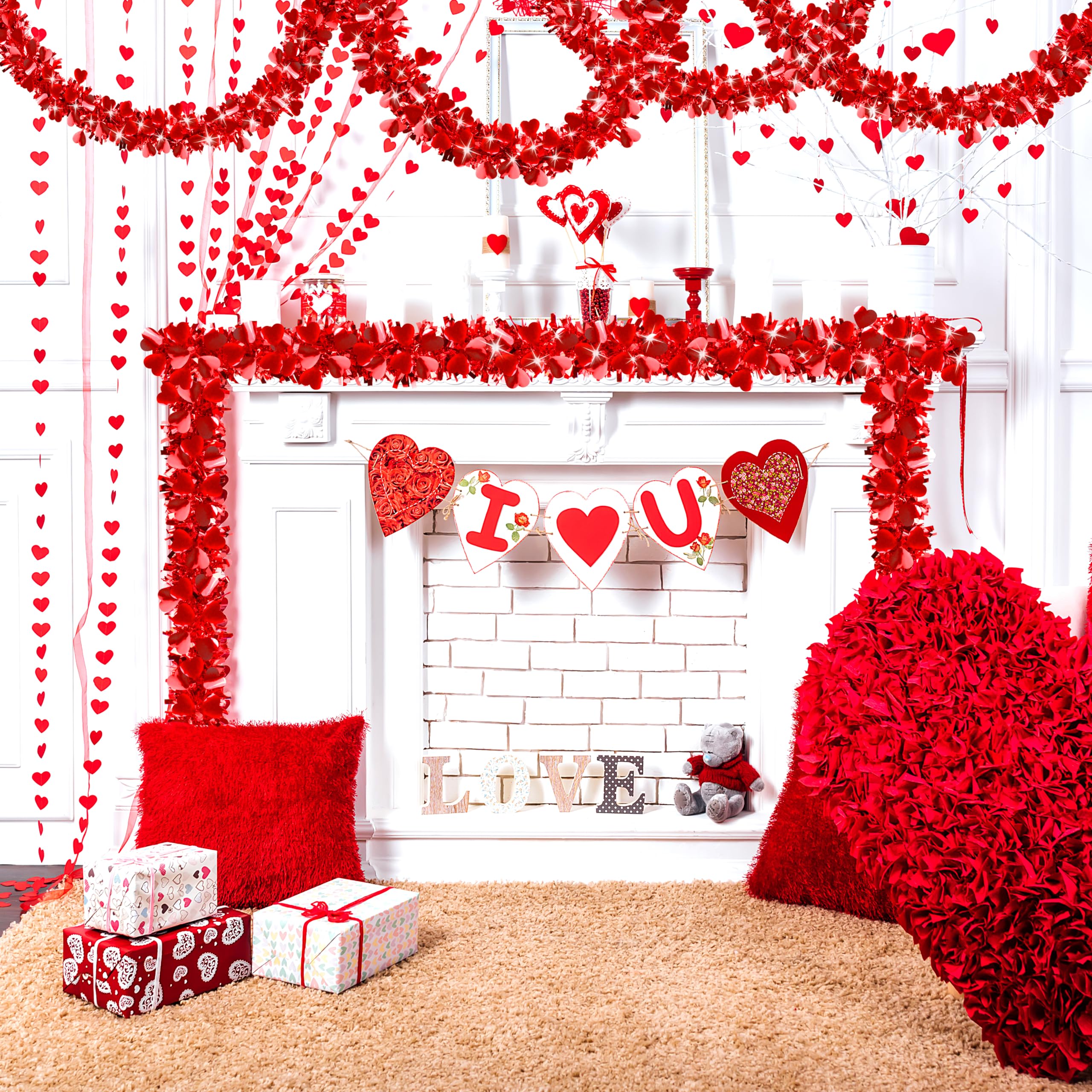 Guirnalda de oropel de corazón para el día de San Valentín, guirnalda metálica de oropel para decoración de boda, suministros de fiesta de amor, decoración colgante del día de San Valentín (A)