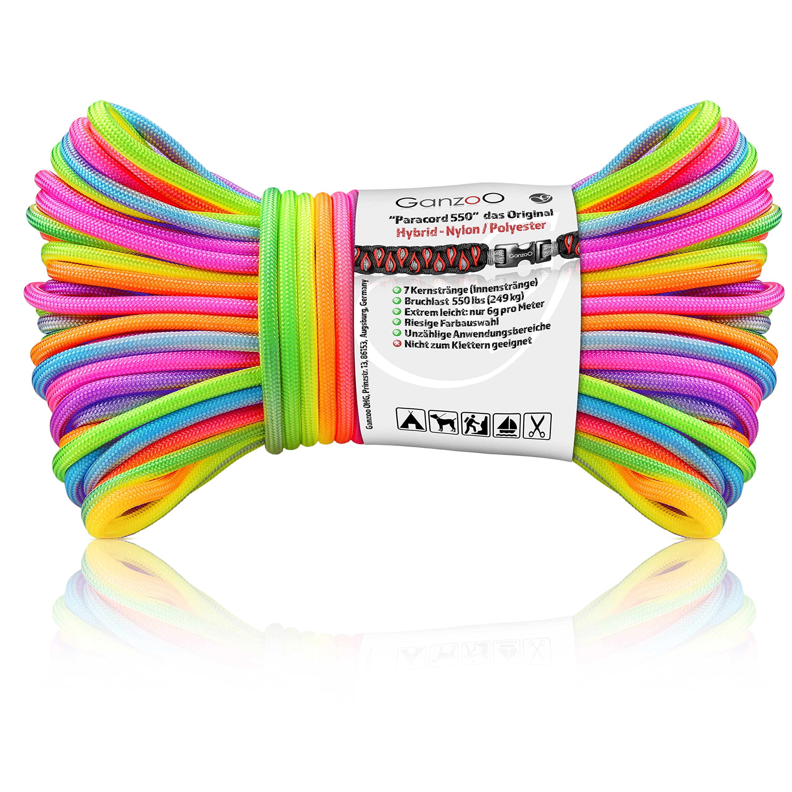Ganzoo Paracord 550 linka Rainbow tęczowa, 4 mm, nylon poliester, typ 3, 7 rdzeni, 30 m, sznurek do DIY, bransoletki, smyczy i obroży dla psa, uniwersalna