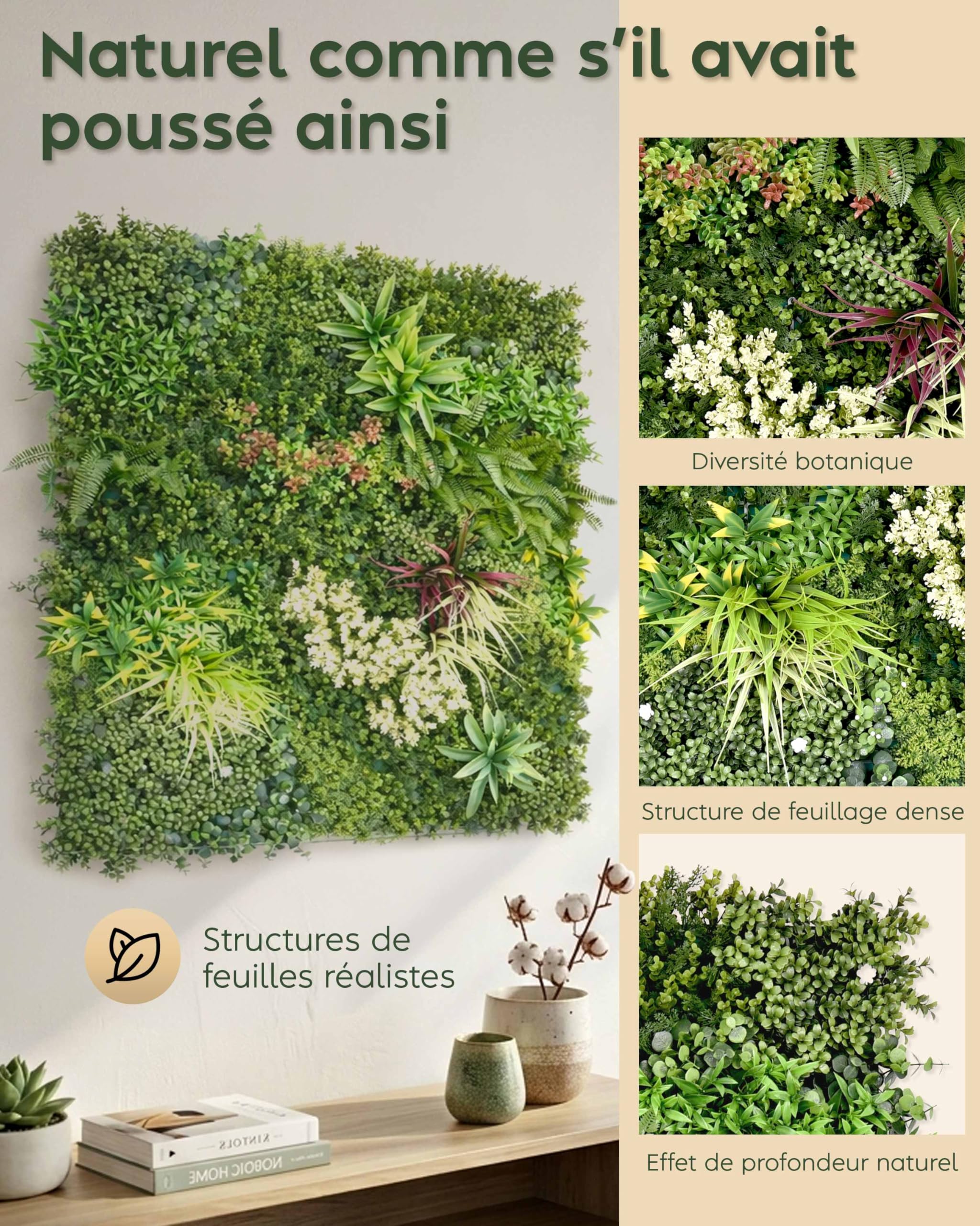 JELLE & JACOB Mur Vegetal Artificiel Exterieur et Interieur, Panneau Mur végétal 100x100 cm -Prairie d'été-, Facile d'entretien et Durable - pour Une Ambiance Cosy, Plante Murale Artificielle