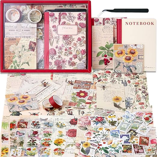 emmoolife Vintage Aesthetic Scrapbooking Supplies Kit, Flowers Botanical Bullet Junk Journal Kit with Journaling Supplies, Tweezers, A6 Grid Notebook,Stationery,Sticker, Birthday Craft Gift for Adult