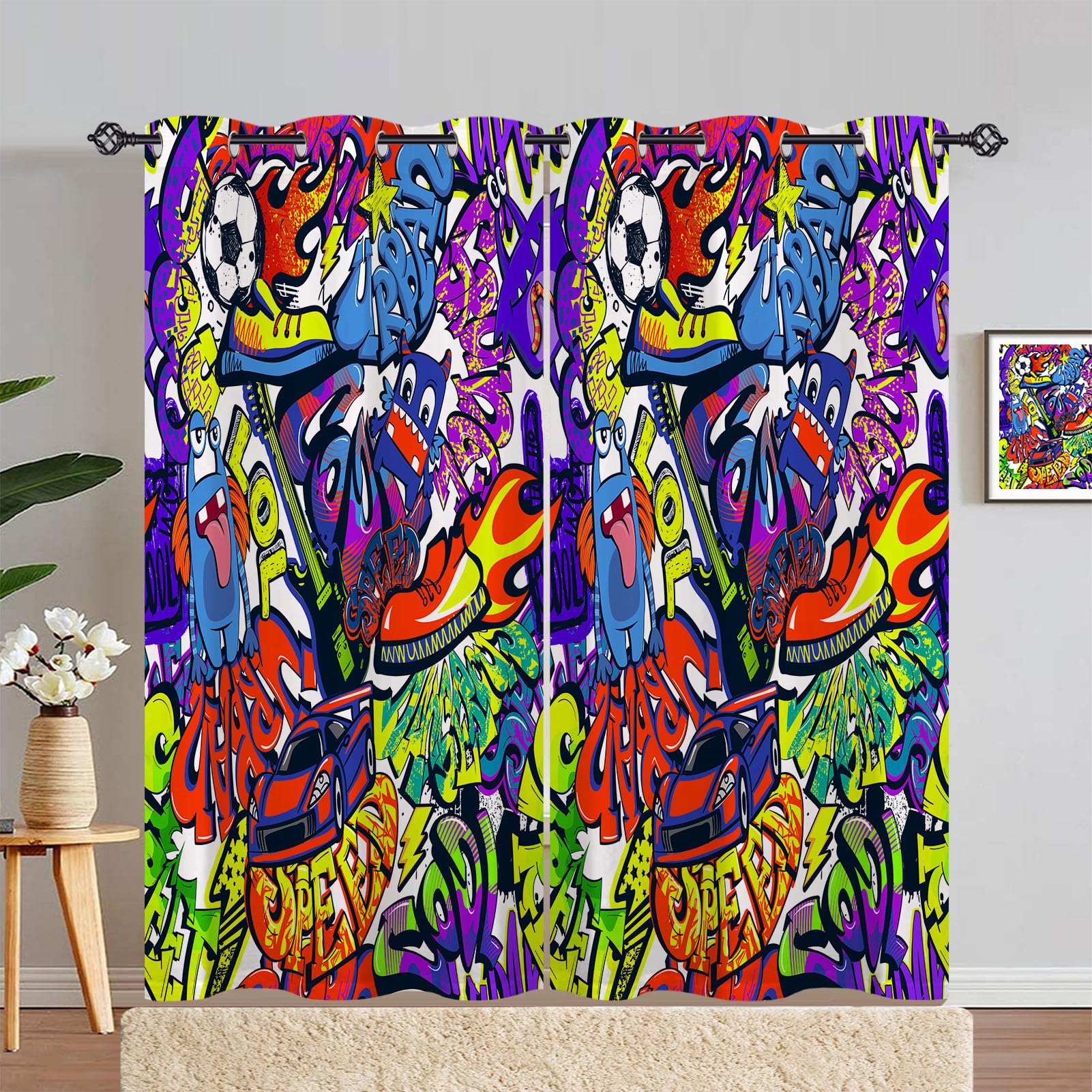 ANHOPE Graffiti Curtains Eyelet Ring Top Soft Thermal Insulated Blackout Curtains Abstract Monster Football Car Print Pattern Decorative Window Drapes for Bedroom Living Room 55 x 72 Inch 2 Panels — image 1