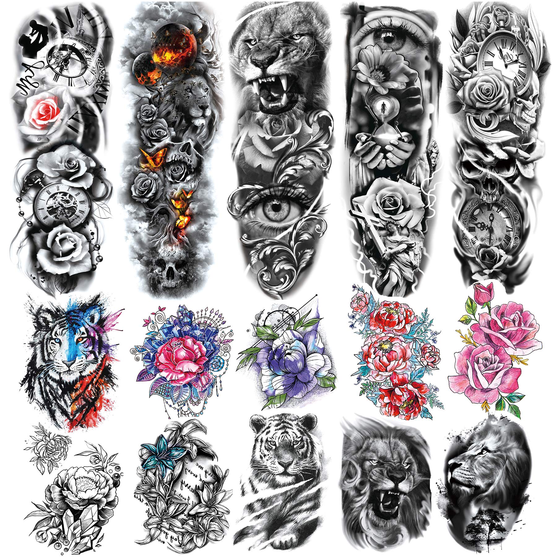 Amazon Com Kotbs 15 Sheets Flower Lion Tiger Temporary Tattoo Sleeve Include 5 Sheets Full Arm Temporary Tattoos And 10 Sheets Half Arm Shoulder Tattoo Stickers Extra Large Tattoo Sleeve For Men