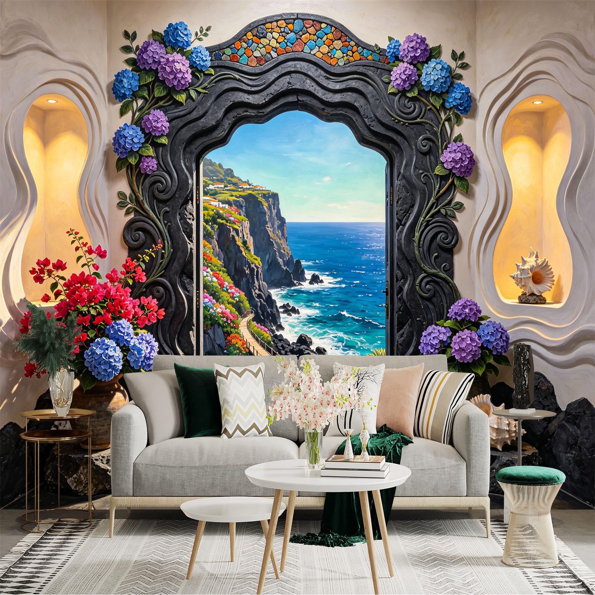 Custom Size Wall Sticker Mural， Coastal Cliff View with Ocean Waves， Floral Archway and Seaside Path， for wall Decoration， peelandstick wall Decals.