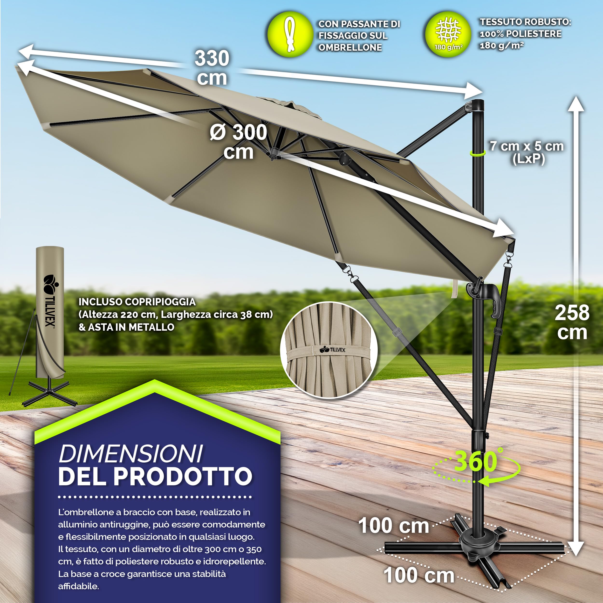 tillvex® Sombrilla Premium 330cm con manivela, cubierta y protección contra el viento, 6 posiciones ajustable con manivela, Parasol de jardín giratoria 360° & inclinable