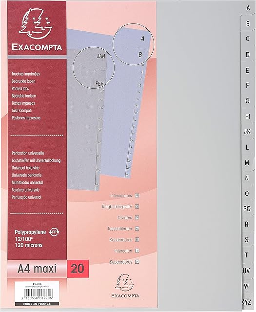 Exacompta - Ref 1920E - PP Printed Indices - For Use With A4+ Documents, 0.1mm Polypropylene, Pre-Punched, Soft & Tear Resistant - 20 Divider Parts (A-Z) - Grey