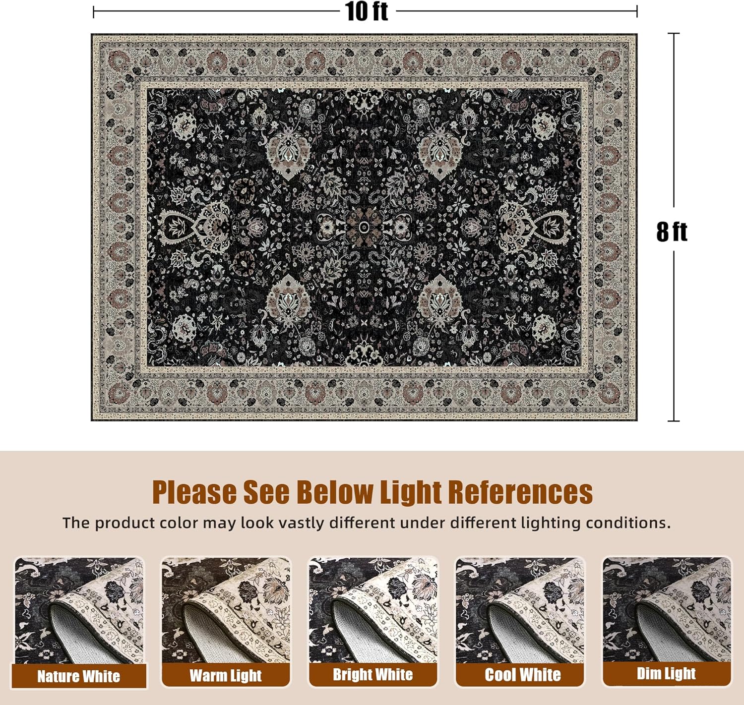 Blcak 8x10 Vintage Rugs for Living Room, Washable Rugs Non Slip Large Area Rug for Bedroom Dining Room Office, Floor Decoration Big Rug Carpet Low-Pile Kid & Pet Friendly(Blcak Navy Multi Vintage Midnight 8'x10'