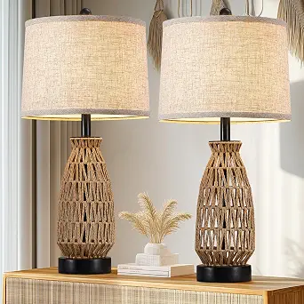 Boho Table Lamp Set of 2, 27" Handwoven Rattan Lamps with Fabric Shade, Bohemian Farmhouse Bedside Lamps with Rotary Switch
