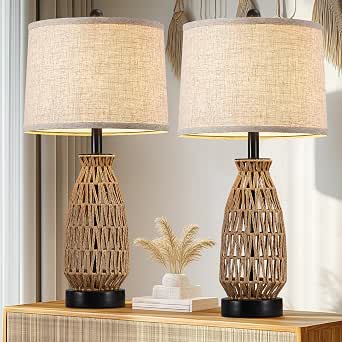 Boho Table Lamp Set of 2, 27" Handwoven Rattan Lamps with Fabric Shade