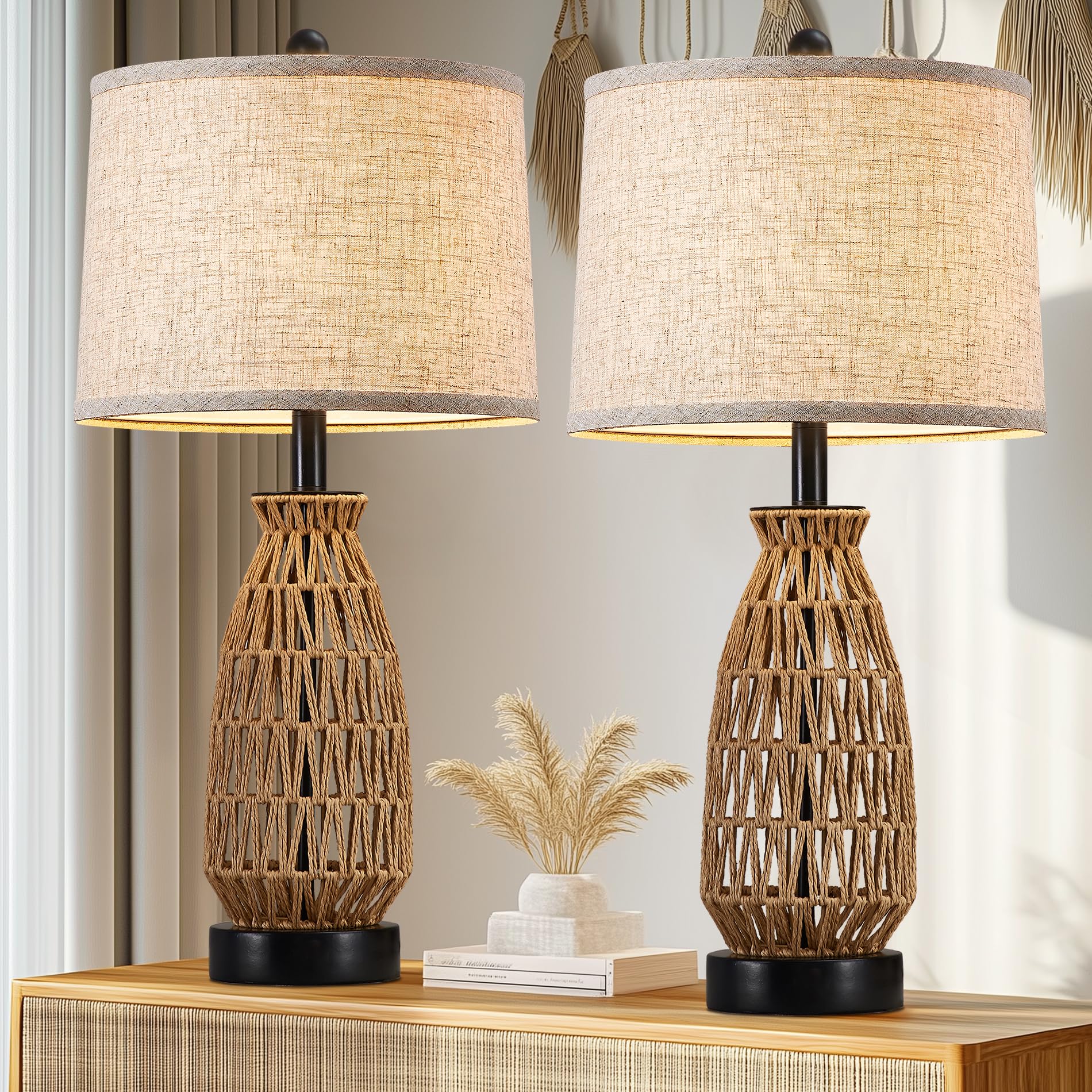 Photo 1 of ***STOCK PHOTO FOR REFERENCE ONLY*** Boho Table Lamp, 27" Handwoven Rattan Lamps with Fabric Shade, Bohemian Farmhouse Bedside Lamp Modern Wicker Lamps with Rotary Switch for Bedroom Living Room Nightstands Dorm Farmhouse Decor