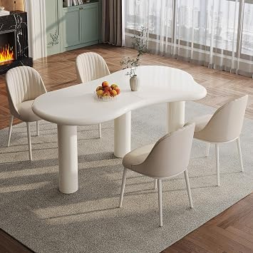 62" Cloud-Shaped Dining Table Set for 4, Modern 5-Piece Kitchen Table with 4 Upholstered Chairs, Stylish 3-Leg Design for Dining Room & Restaurant, Easy Assembly, Cream White