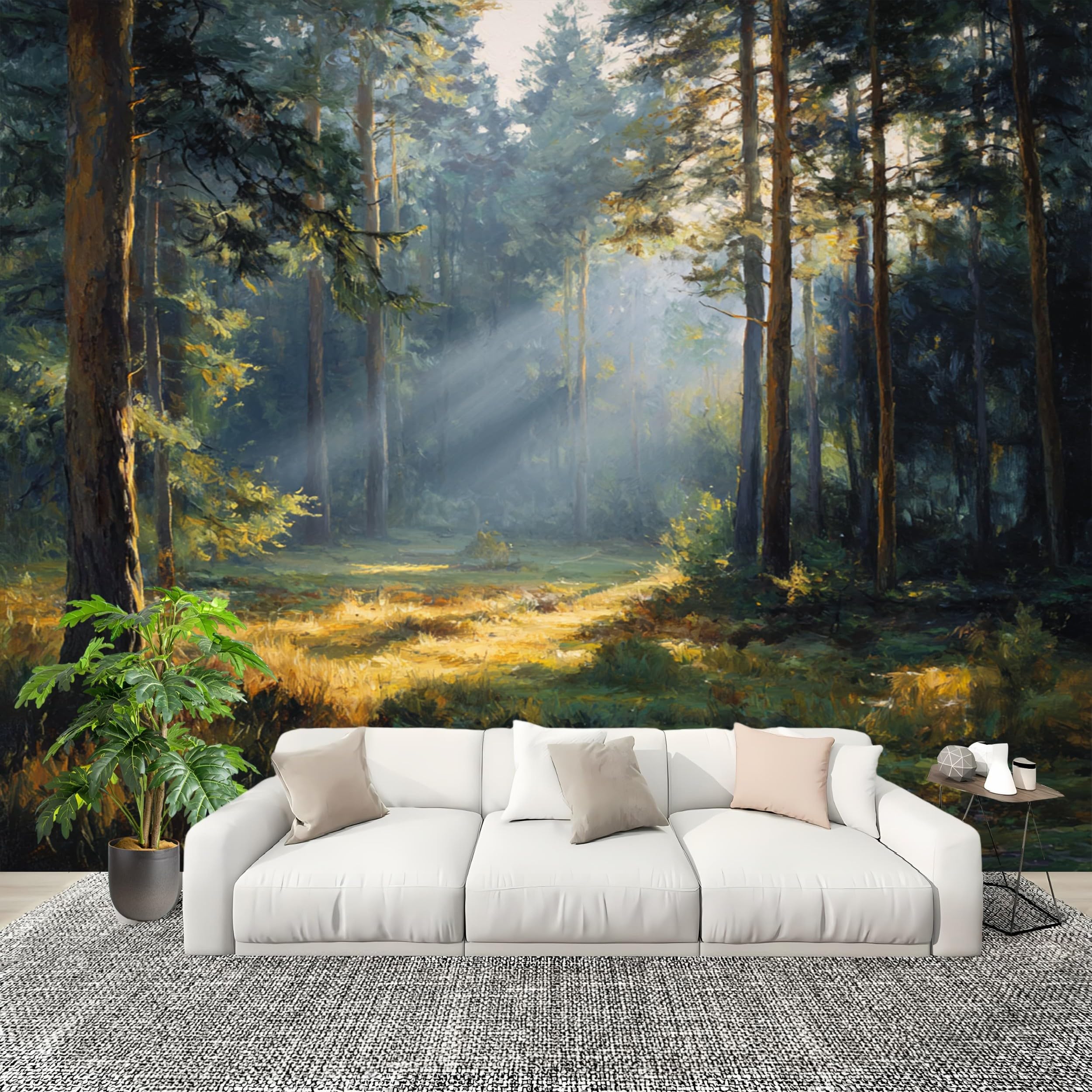 Fresque Murale Forêt Ensoleillée Intissé Vert pour un Salon Apaisant