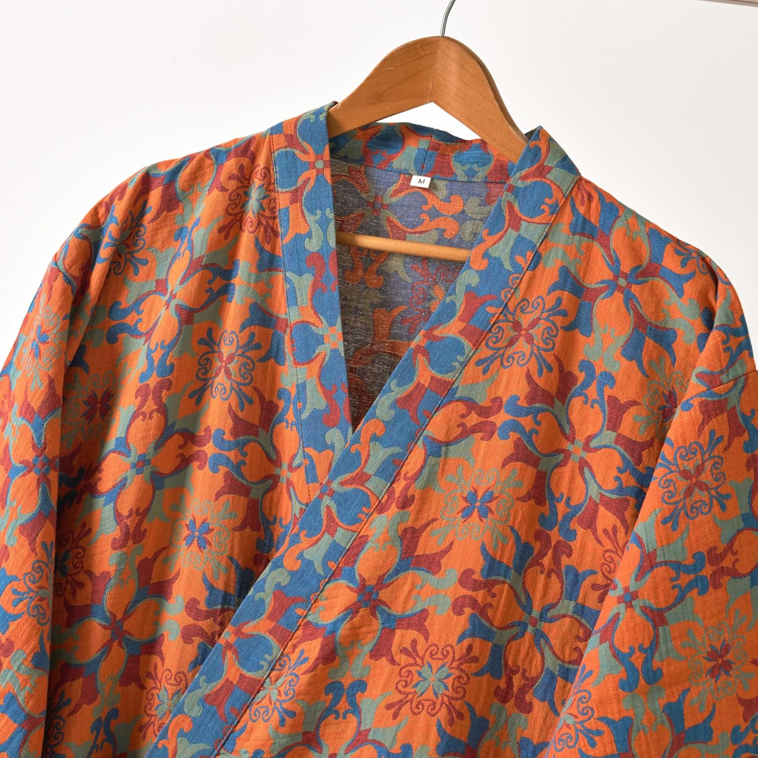 100% Cotton Gauze Ginkgo Leaf Kimono Robe, Long Knit Loose Bathrobe Nightgown Ladies Loungewear Sleepwear for Women - Image 3