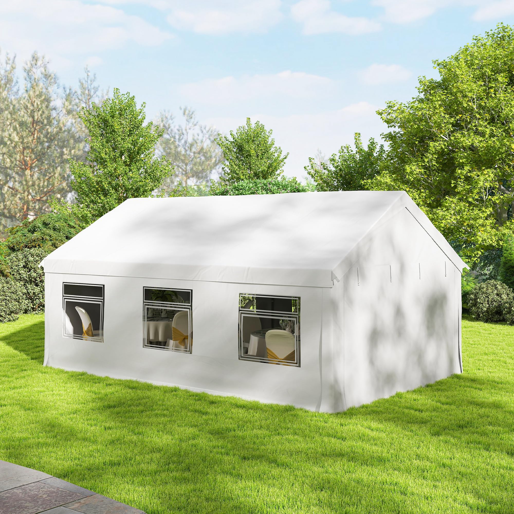 Outsunny Tendone per Feste 4x6 m con Pareti Laterali, Gazebo da Giardino in Acciaio Zincato a Caldo con 2 Porte a Cerniera, 6 Finestre, Corde, Gazebo da Esterno per Matrimoni Eventi, UV30+, Bianco