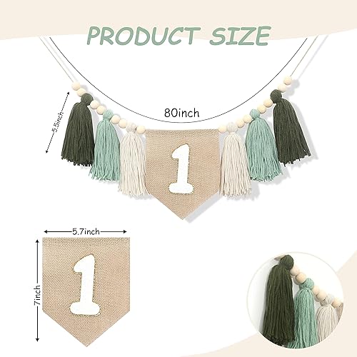 Miniatura 2 de BOOMPA Wild One - Cartel para silla alta de primer cumpleaños, guirnalda de borlas de cuentas de madera, pancarta de borla para fiesta de primer