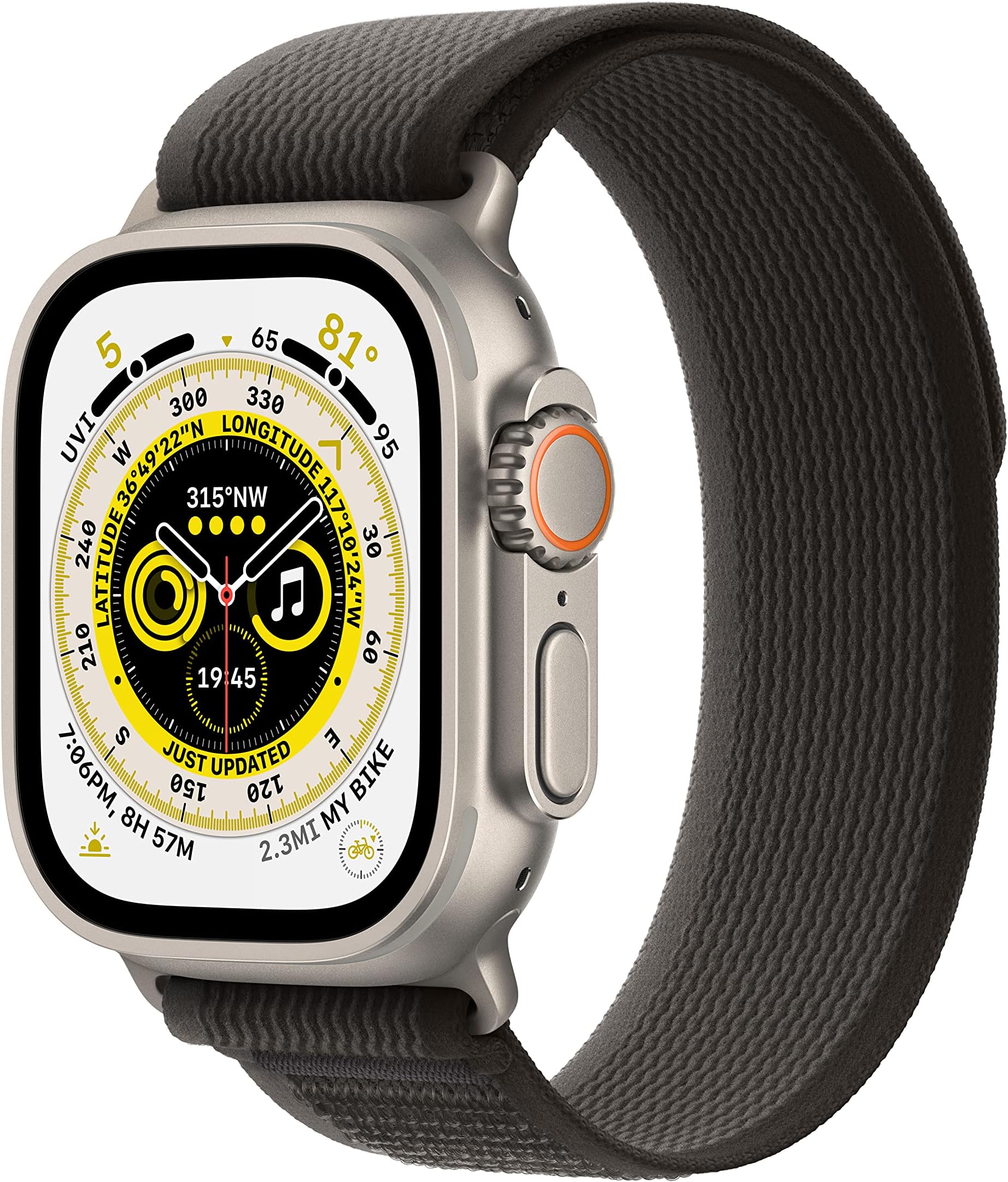 Apple Watch Ultra [GPS + Cellular 49mm] Titanium Case with Black/Gray Trail Loop, M/L (Renewed)