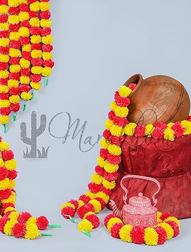 Vista 54 de Tira de flores artificiales Marubhumi, 5 unidades de 4,5 pies de largo, flores de caléndulas, guirnalda para decoración Diwali, decoración Amarillo