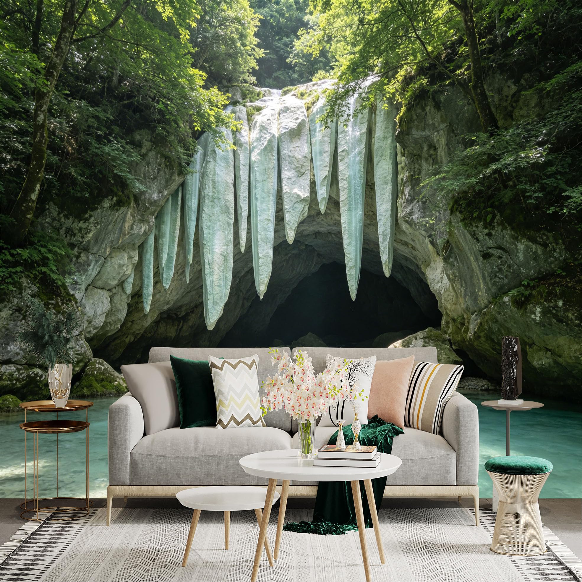 Lnzczhyre Dbh260521036 Custom Size Wall Sticker Mural， Frozen Cave Waterfall， Winter Wonderland Landscape， Serene Nature Scenery， Crystal Clear Water， For Wall Decoration， Peelandstick Wall Decals.