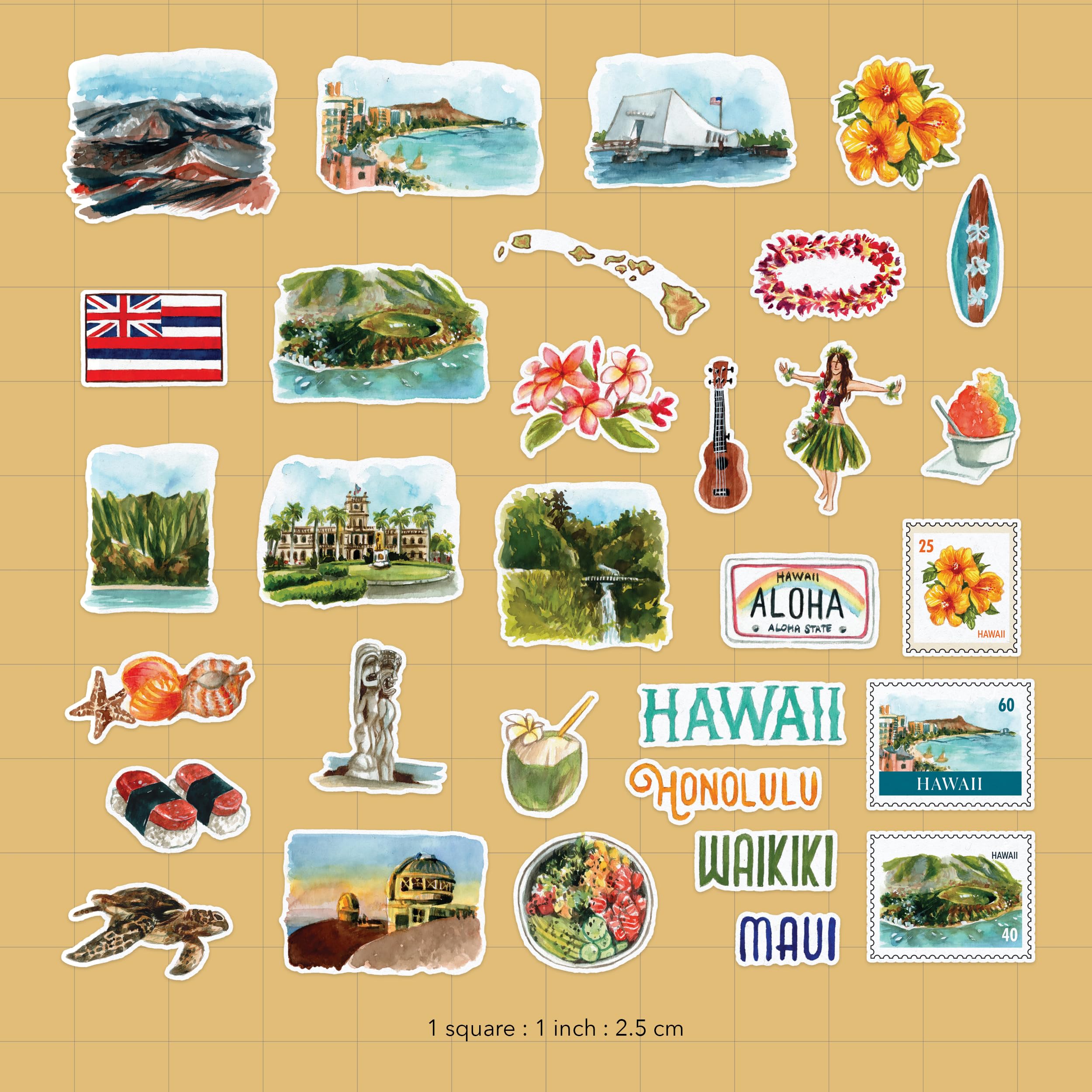 Navy Peony Exotic Hawaii State Travel Stickers (31 Pieces) - Watercolor America Vacation Stickers for Scrapbooking, Journals - Image 2