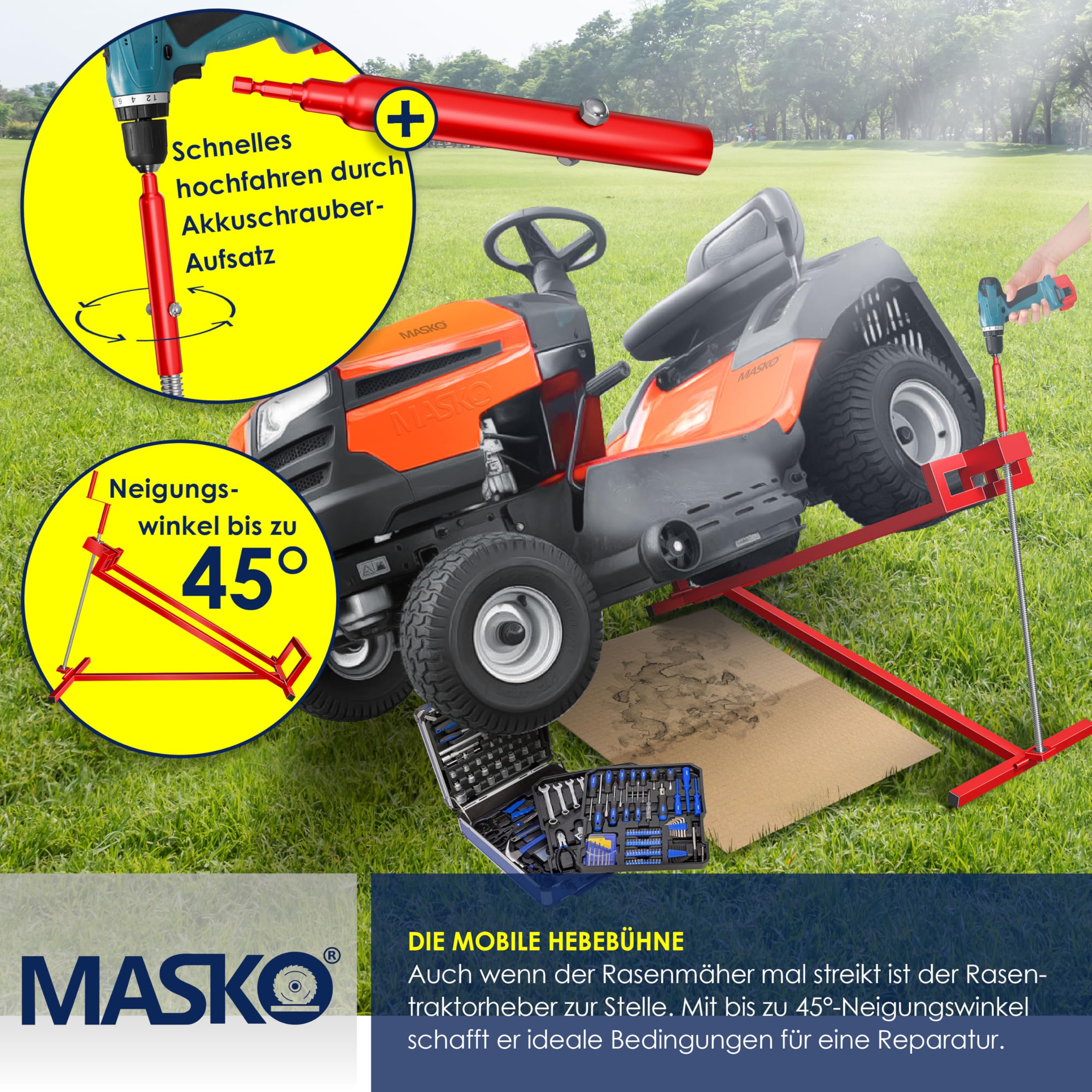 MASKO Elevador de tractor de césped XXL, 450 kg, dispositivo elevador, plataforma elevadora, herramienta de limpieza universal, elevación de tractor de césped, inclinación ajustable +45°, incluye