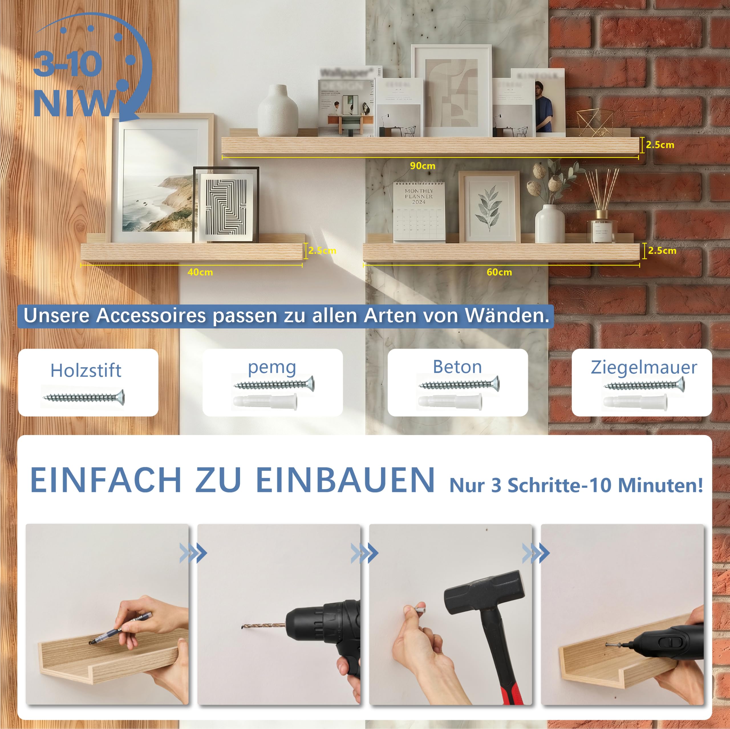 Bilderleiste Eiche 90 cm, 2er Set Schweberegal mit erhöhter Vorder- und Rückkante, großes Wandboard für Bilderrahmen, Pflanzen und Dekoration, Regal für Wohnzimmer, Schlafzimmer und Flur