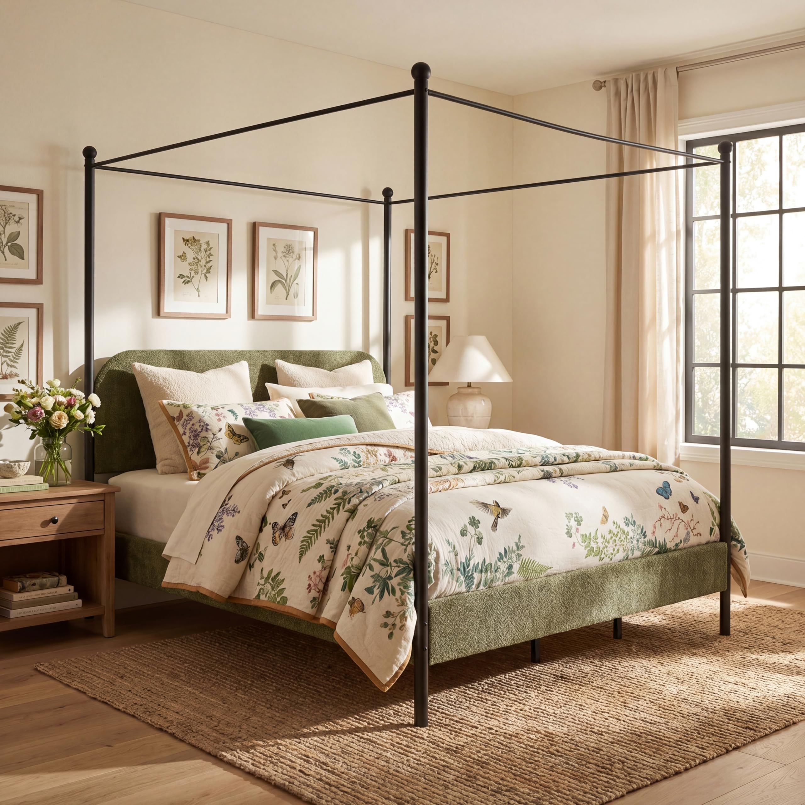 Christopher Knight Home King Size Upholstered Canopy Bed Frame with Boucle Fabric, Curved Headboard and Iron Legs - Bedroom, Olive Green