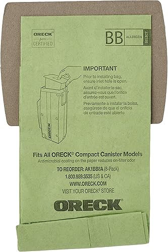 Oreck Bolsas de aspiradora para aspiradoras Buster B, paquete de 8, color verde, tipo BB, parte # AK1BB8A, repuesto de bolsas de vacío Oreck