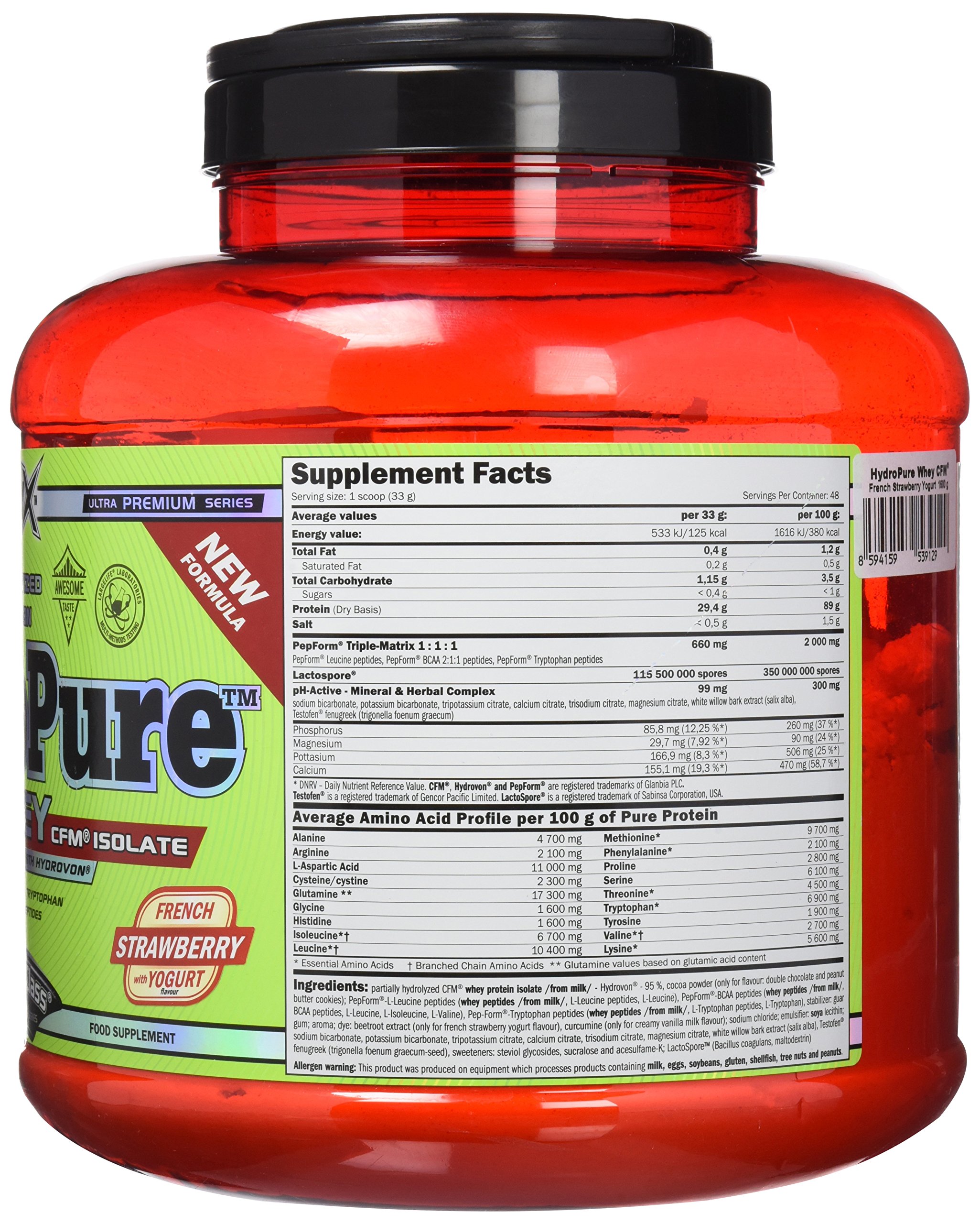 Amix - Hydropure Whey CFM - Suplemento Alimenticio - Mejora del Rendimiento - Contiene Aminoácidos Bcaa - Glutamina en Polvo - Nutrición Deportiva - Sabor a Fresa - Bote de 1,6 Kg
