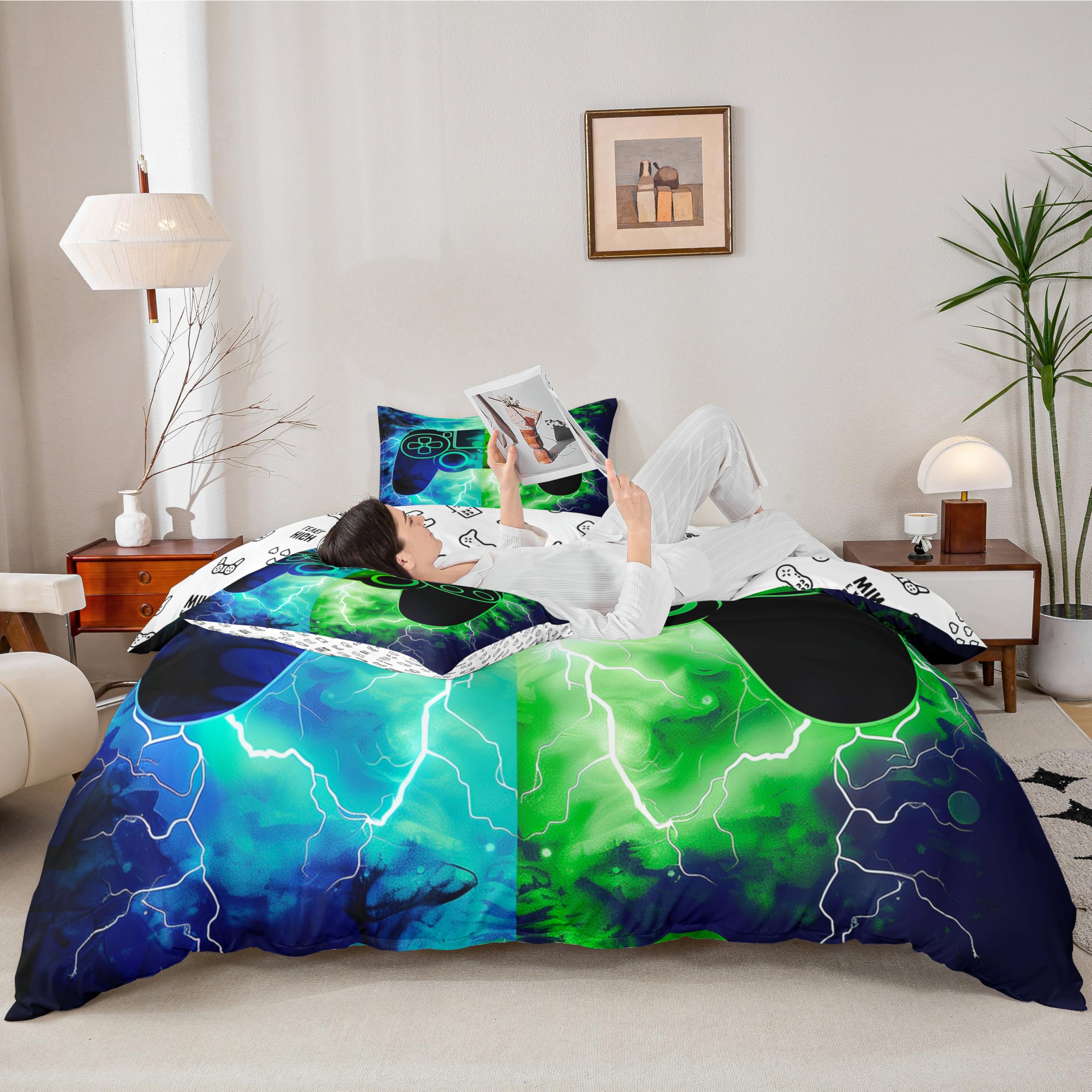 Loussiesd Gamer Gaming 100% Baumwolle Bettwäsche Set 135x200cm Blitze Gamepad Betten für Spielkonsole Betten Grün Blau Modern Bettwäsche-Set