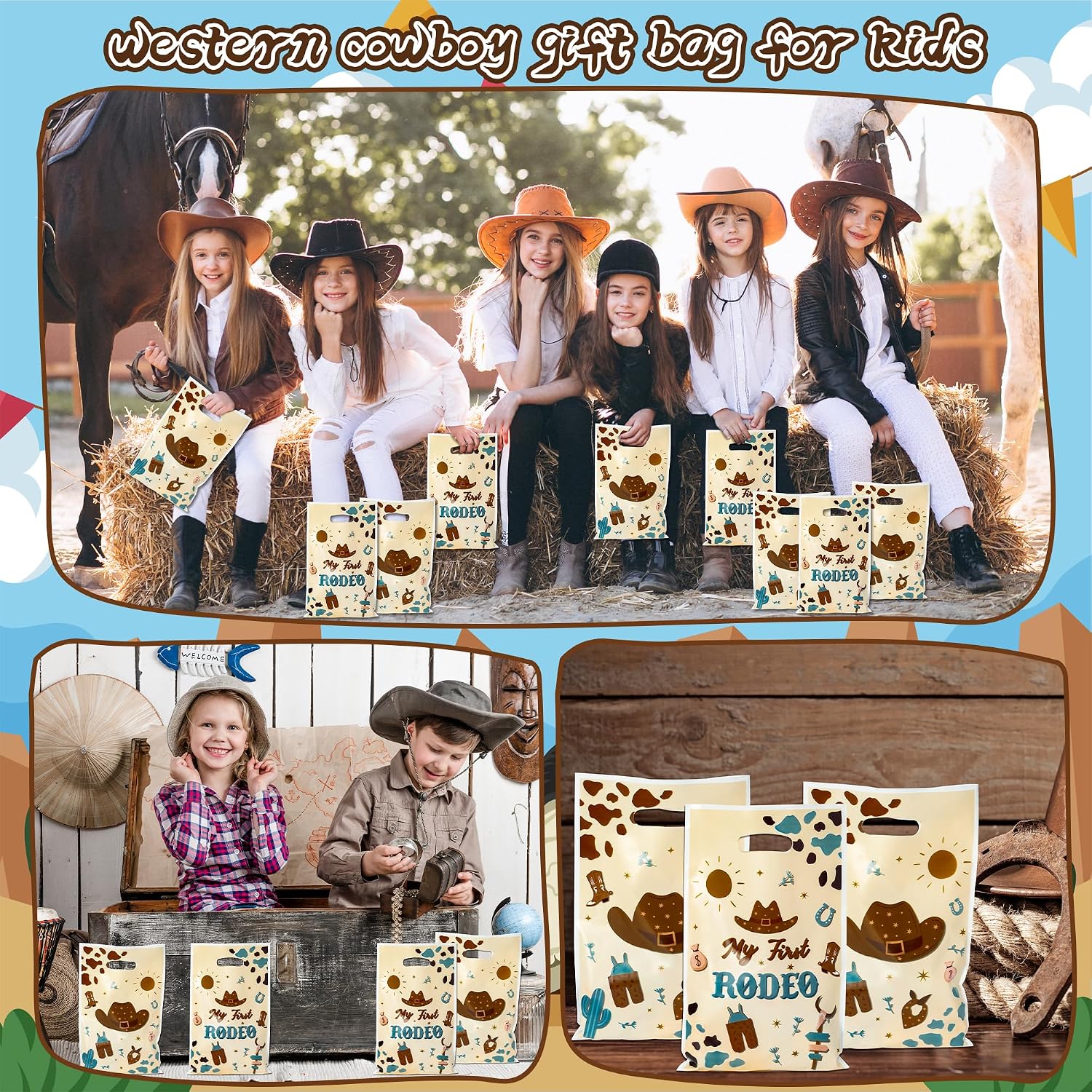 K1tpde 50PCS Cowboy Party Favor Bags for Kids Western Theme Candy Bag Bulk with Handles Blue Cowboy 1st Plastic Gift Oranizer for Boys My First Redeo Western Baby Shower Party Supplies
