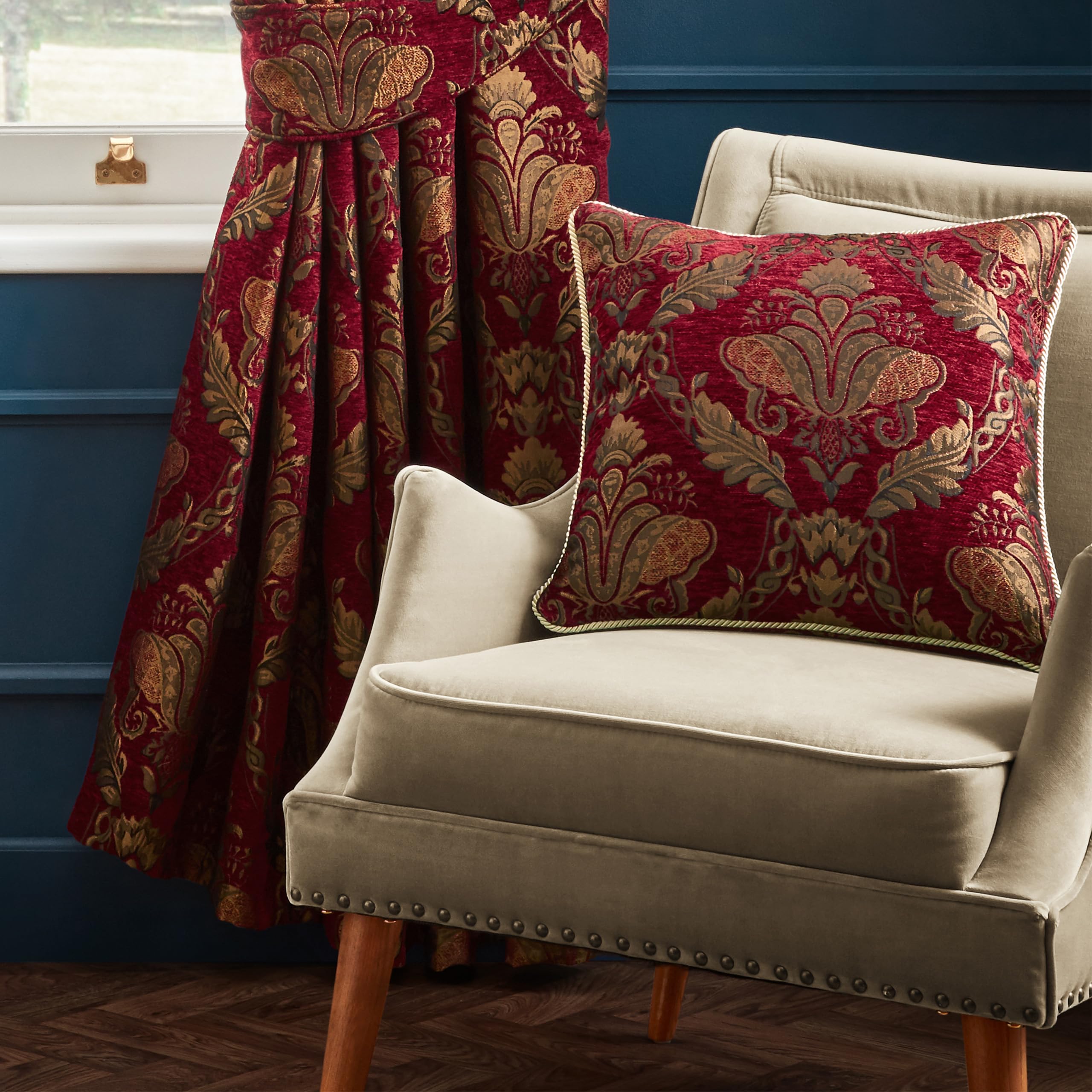 Paoletti Shiraz Floral Jacquard Feather Rich Filled Cushion, 45 x 45cm, Burgundy