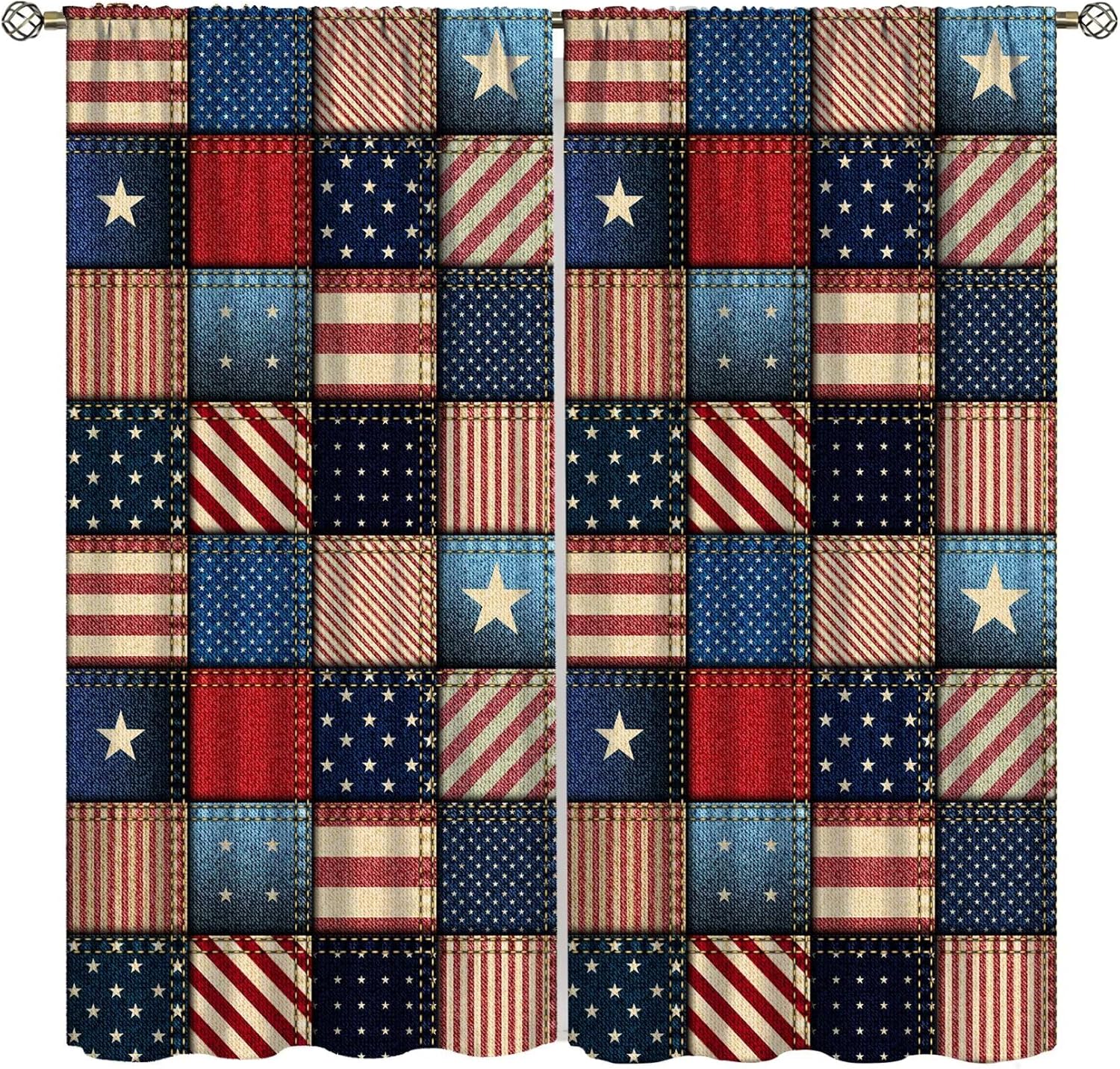 Patchwork American Flag Curtains,Traditional Vintage Independence Day Abstract Geometry Flag Theme Blackout Window Treatments,for Living Room Bedroom Kitchen Cafe Farmhouse 63" W X 63" L
