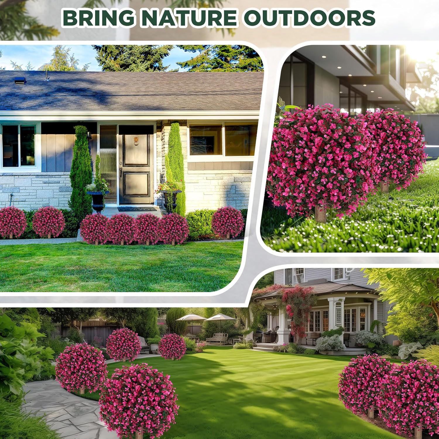 2 Pack 24" Artificial Red Eucalyptus Topiary Ball Tree with Ground Spike, Artificial Boxwood Bushes for Faux Shrubs, Fake Evergreen Plant Bushes for Porch Garden(2 Pack, Rose Red)