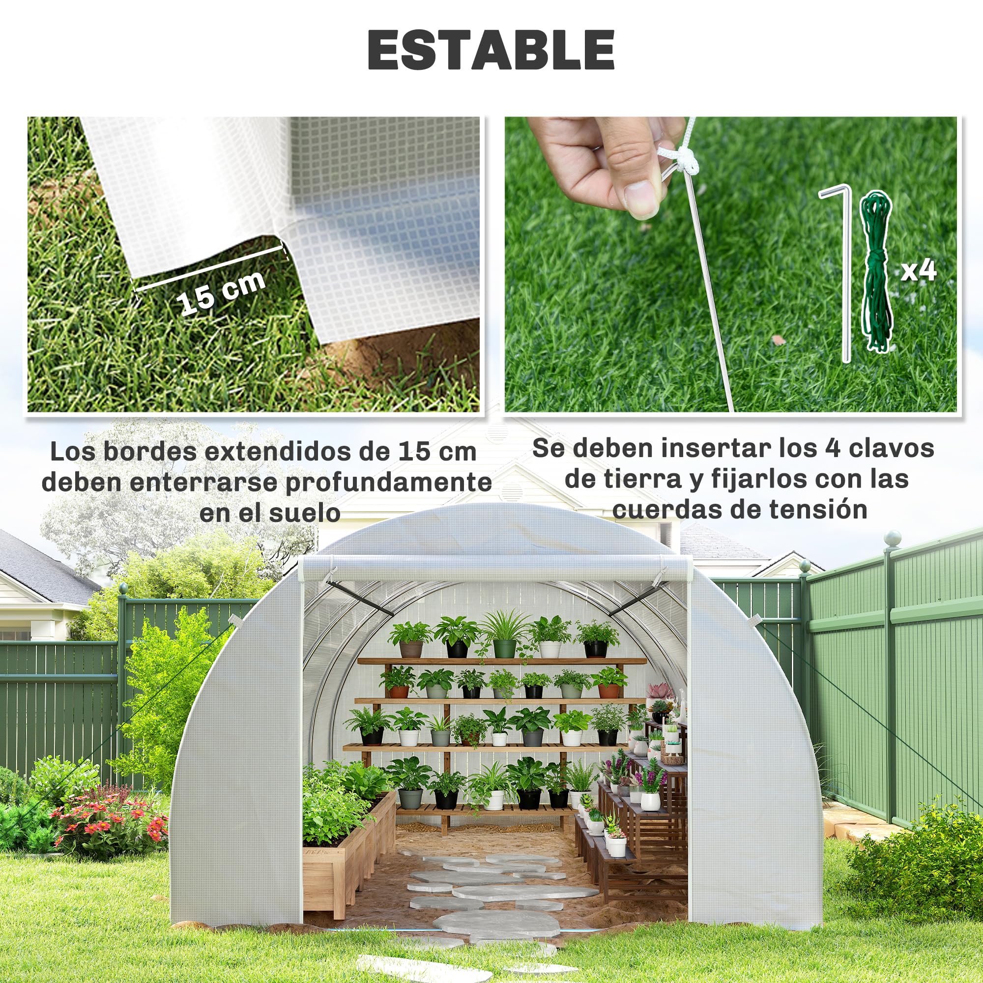 Outsunny Invernadero de Túnel 6x3x2 m Invernadero de Terraza con 8 Ventanas Puerta con Cremallera Cubierta de Polietileno 140 g/m² y Estructura de Acero para Cultivo Plantas Verduras en Jardín Blanco