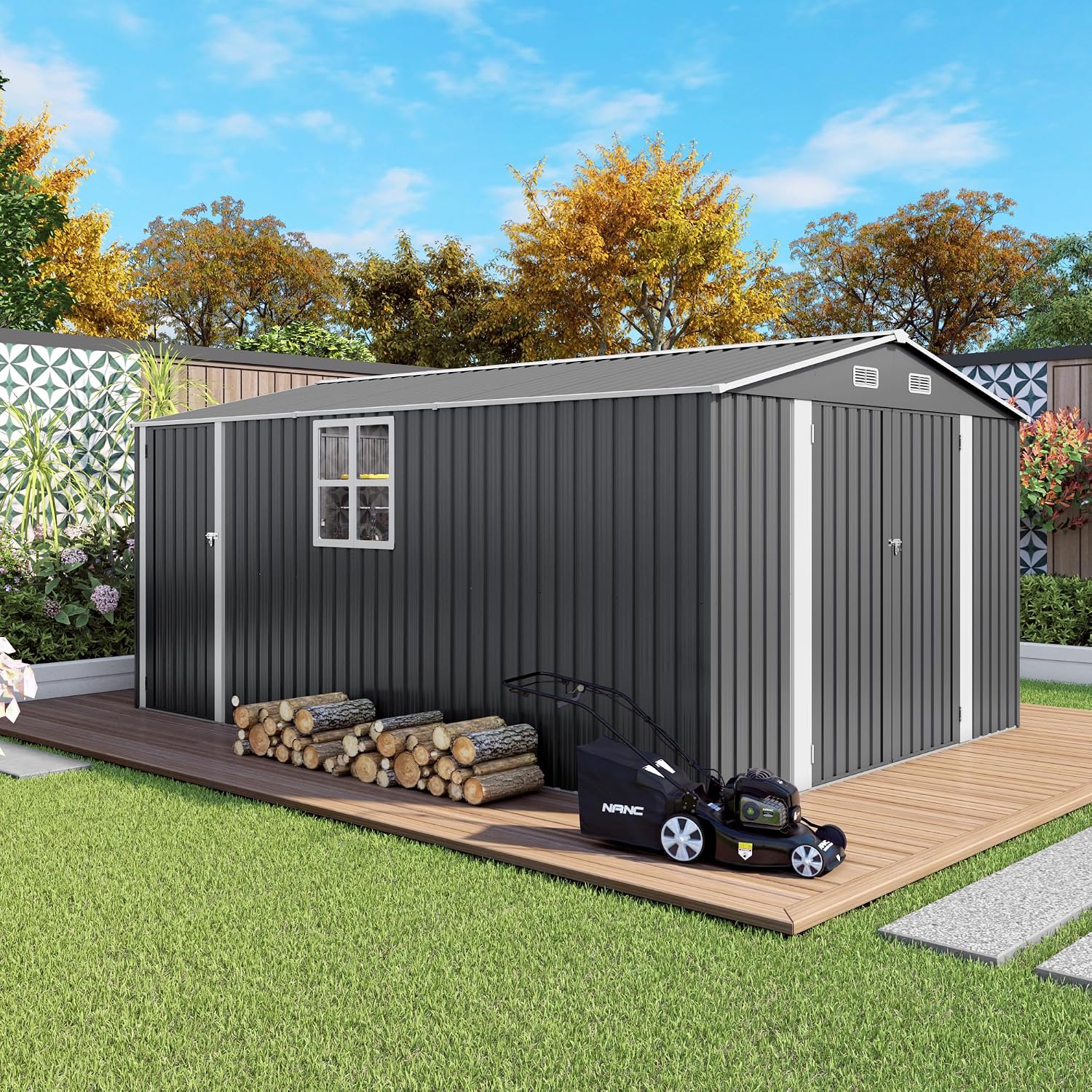 10x14FT Large Metal Outdoor Storage Shed with Window and Two Lockable Doors, Big Tool Shed for Garden, Backyard, Patio, Gray, Galvanized Steel