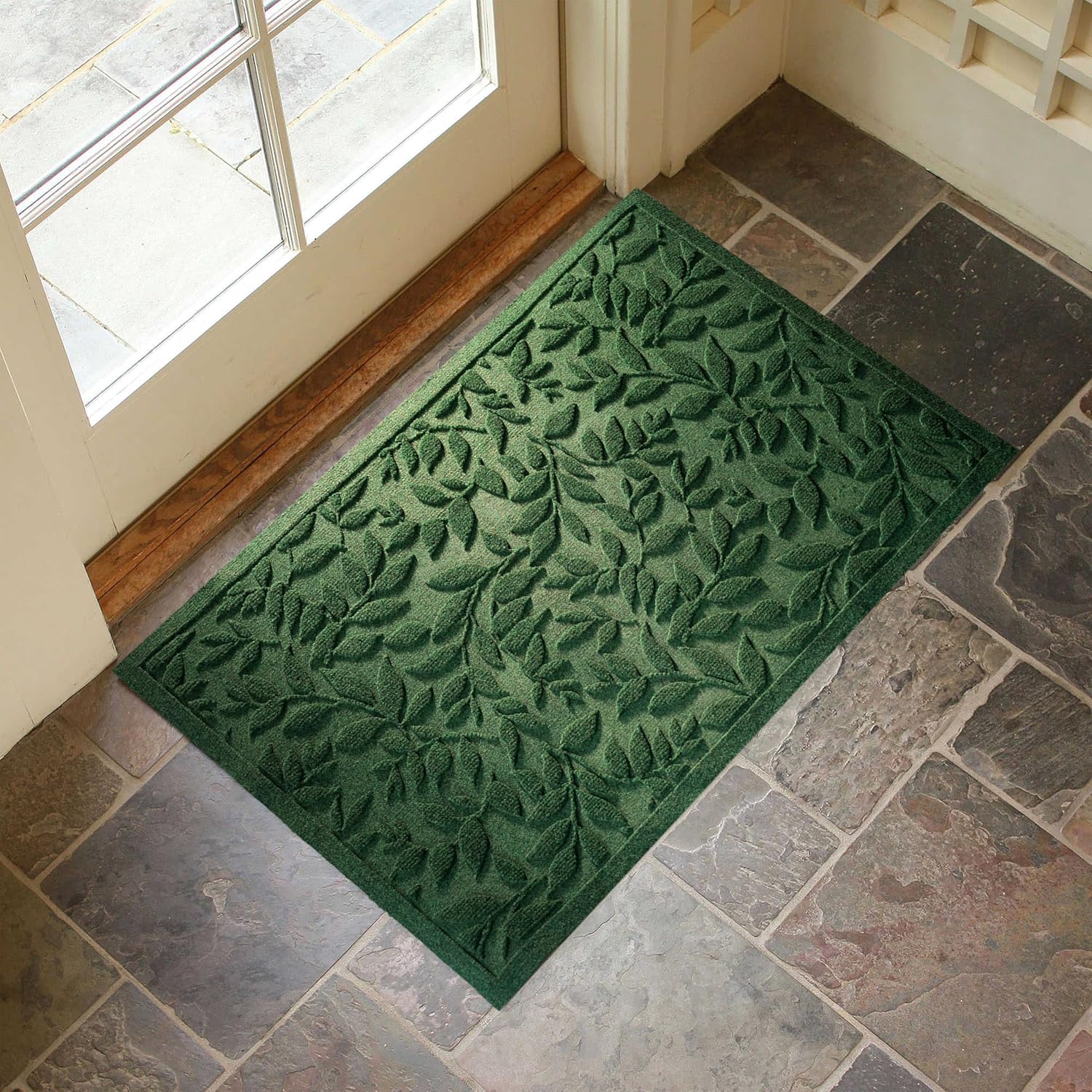 Green Leaves Outdoor Indoor Entrance Doormats, Absorbent Durable Heavy Duty Welcome Front Door Mat,Thick Natural Rubber Back,Easy Clean Entryway Mat 23x35 Inch, Low Profile