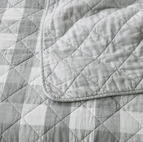 Miniatura 4 de Chezmoi Collection Juego de edredón de algodón a cuadros grises y blancos de 3 piezas, colcha reversible a cuadros de búfalo, colcha ligera de
