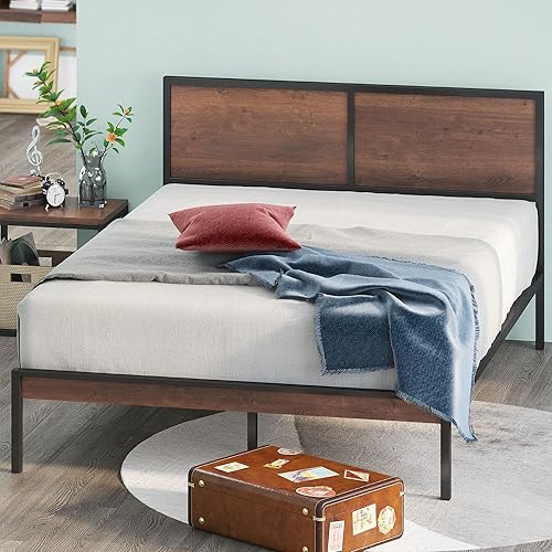 Zinus Mory - Letto 140 x 200 cm, altezza 30 cm, in metallo e legno, con testiera divisa e doghe in legno, colore: Marrone