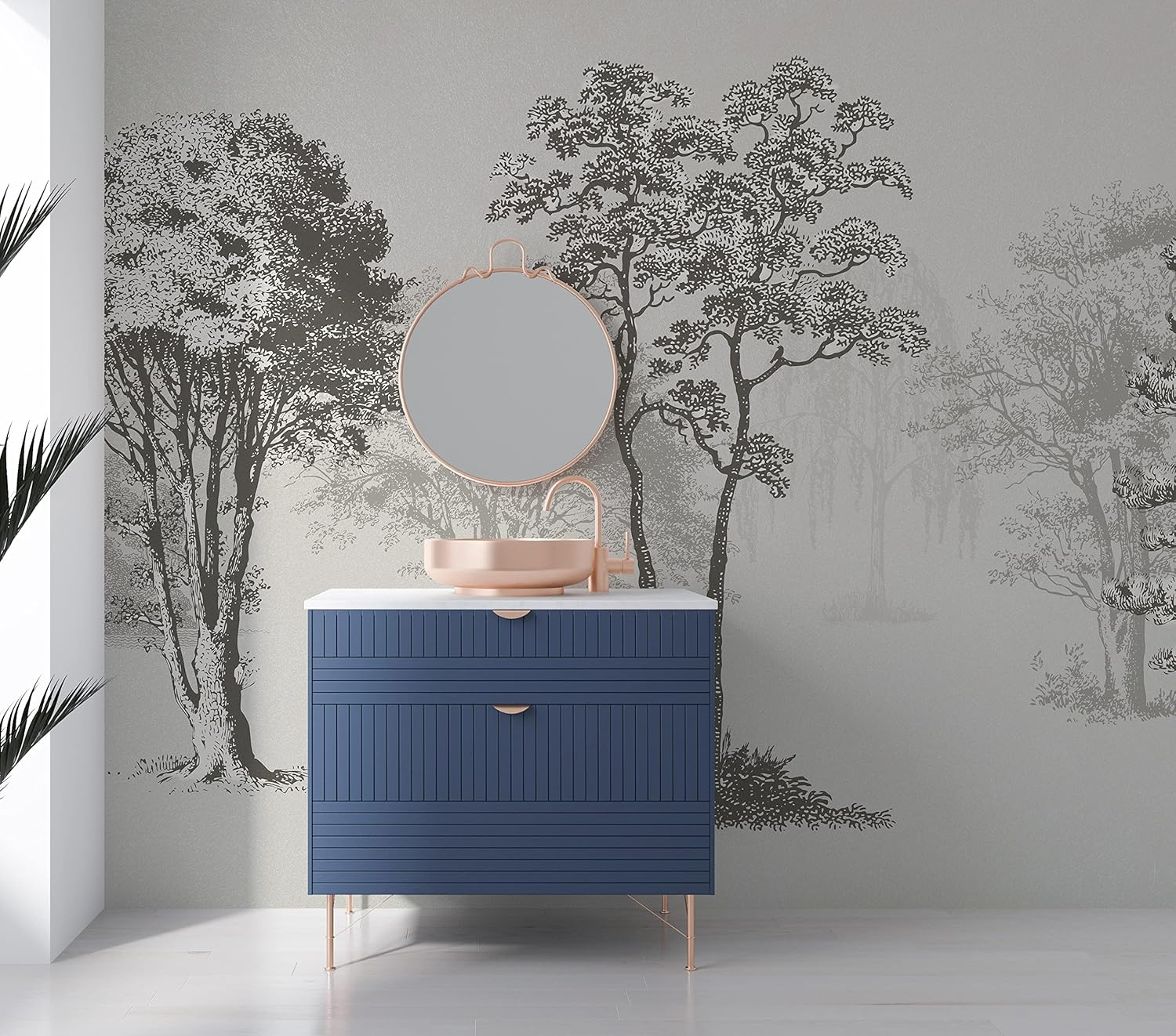 Vintage Forest Trees Wall Mural. Monochrome Abstract Sketched Art Design. Peel and Stick Wallpaper | Removable Wall Mural. #6329 (9ft Tall X 12ft Wide)