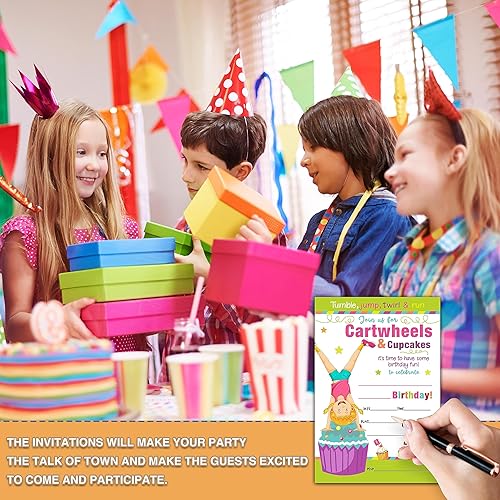 Miniatura 3 de Invitaciones para fiesta de cumpleaños de gimnasia, ruedas de carro y cupcakes, invitaciones de relleno de doble cara, decoraciones de fiesta de