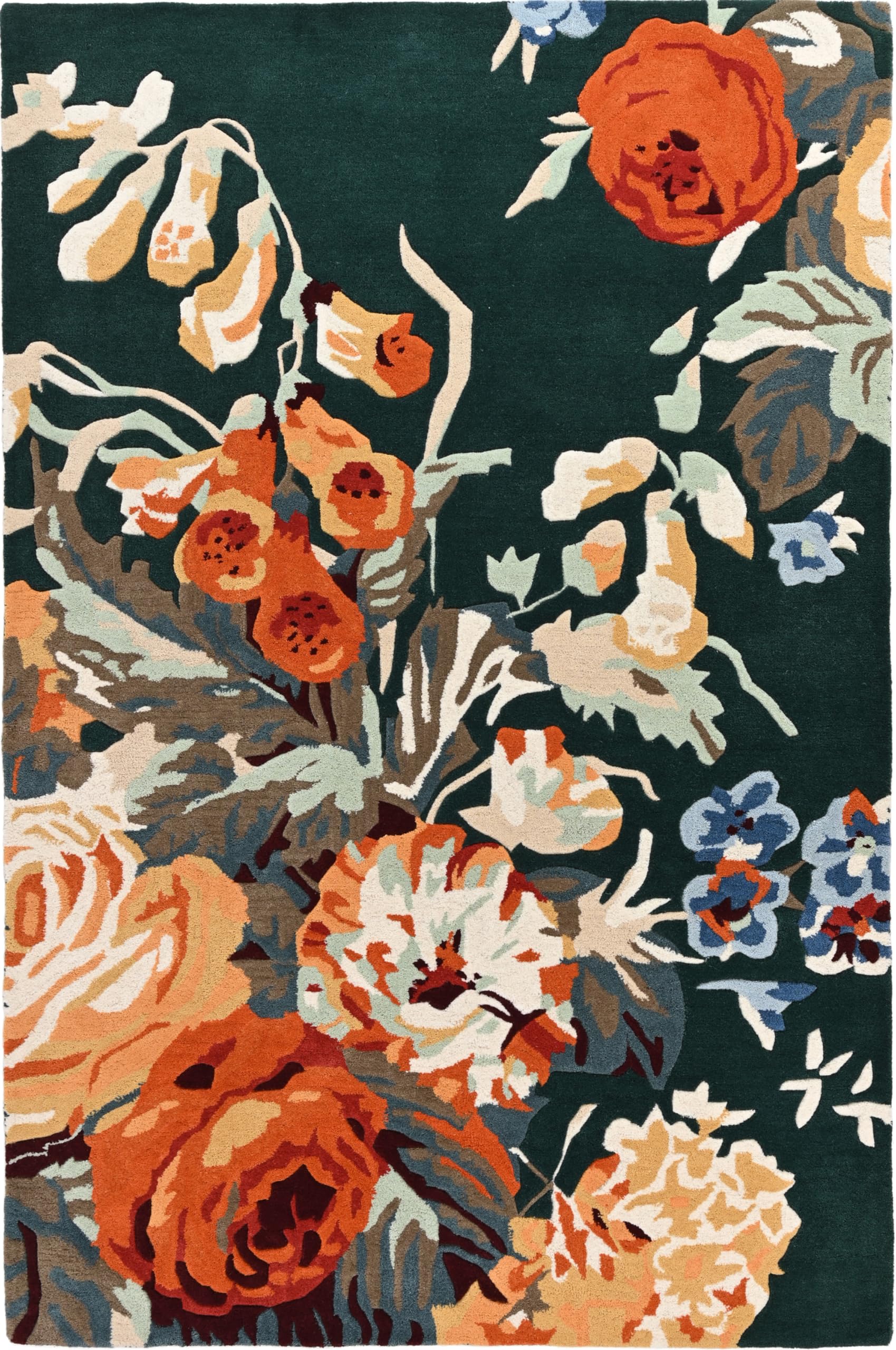 Modern Rose Floral Wool Area Rug | Handmade Area Rug with Garden Colorful Flowers for Living Room Dining Room and Kitchen (Dark Green, 7' x 9')