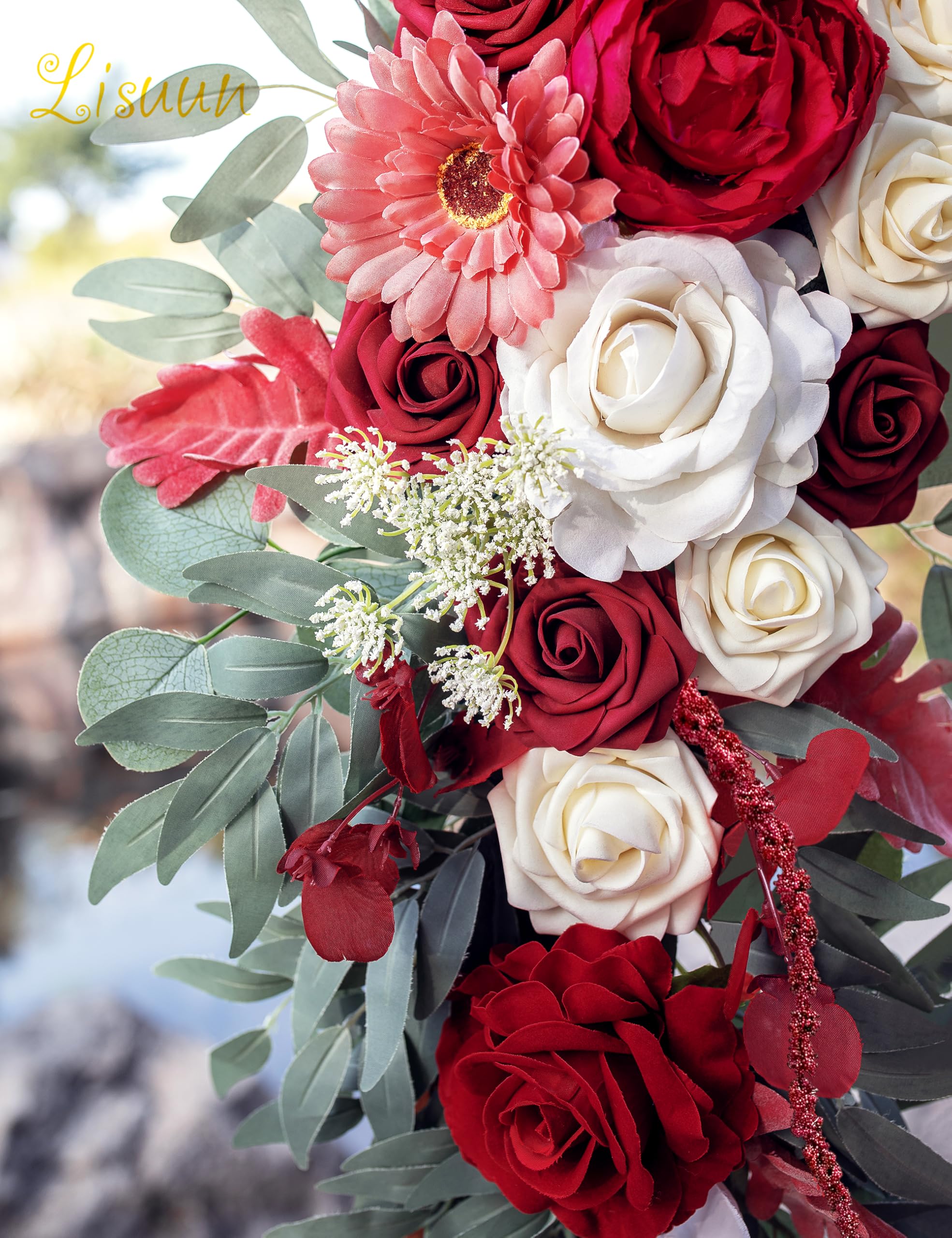 Lisuun Hochzeitsbogen Blumen, künstliche Blumen zur Dekoration, 2 Stück Blumenstränder und 1 Stück halbtransparenter Chiffon-Tischläufer, Hochzeitszeremonie, Blumendekor – 3 Stück