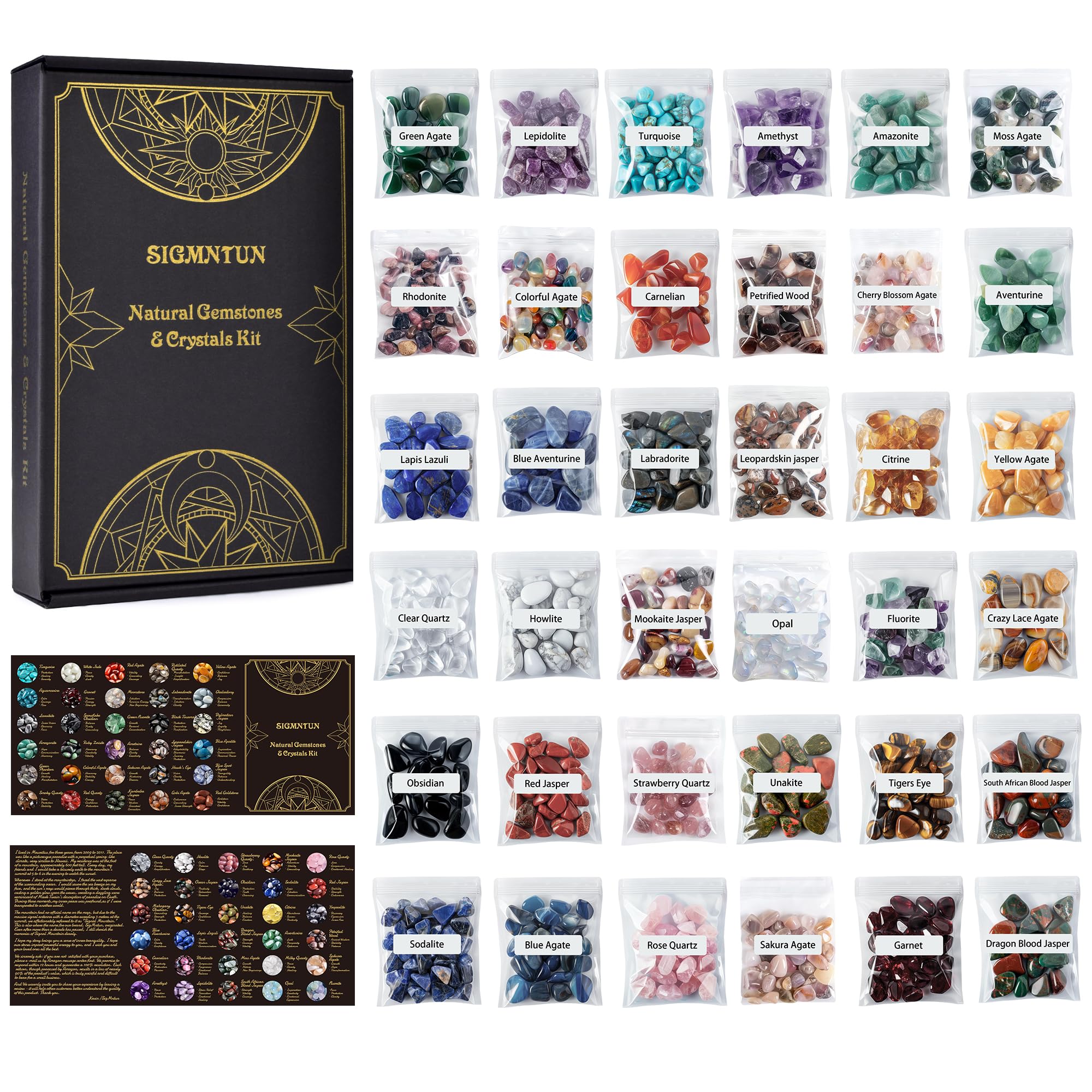 Polished Healing Crystal Chips Stones Set, 36 Different Natural Gemstone Types, 2.5 lbs 0.3" Tumbled Decorative Rocks Collection for Chakra, Meditation, Reiki, Crafts