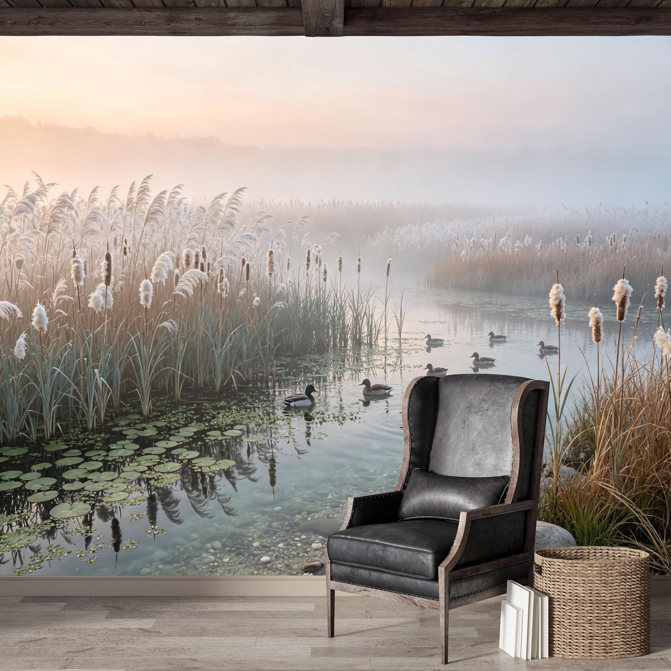 Custom Size Wall Mural,Misty Morning Ducks Coastal Landscape Premium Water Activated SelfAdhesive Wallpaper,Removable Wall Covering,Easy DIY Install Wall Art for Indoor Home Decor