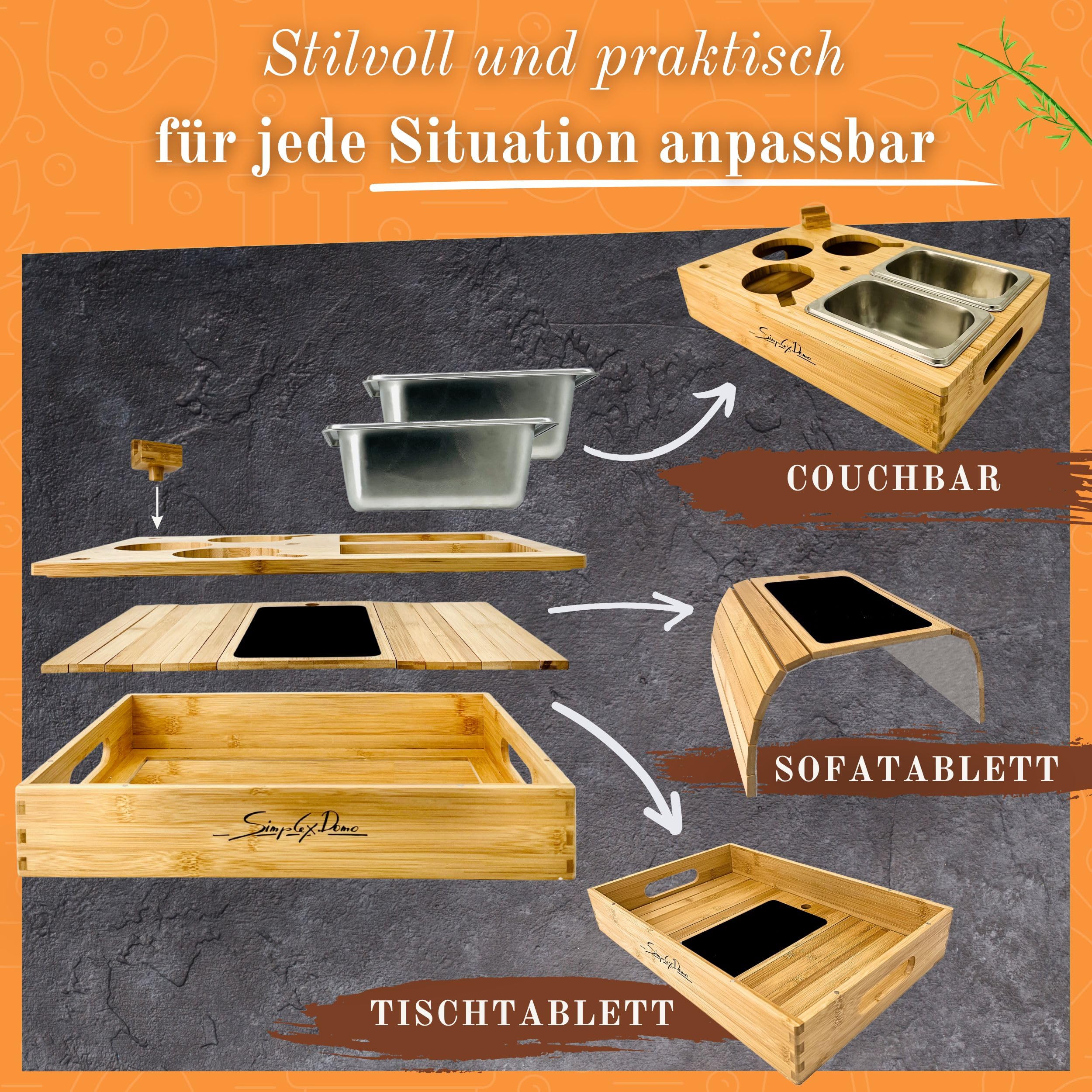 Couchbar Snackbox mit anpassbarer Couch Ablage für 2 Personen - Sofa Snackbar Organizer aus Bambus - Couchtablett mit Getränkehalter & Edelstahl Snackschalen - Sofatablett für Snacks & Getränke